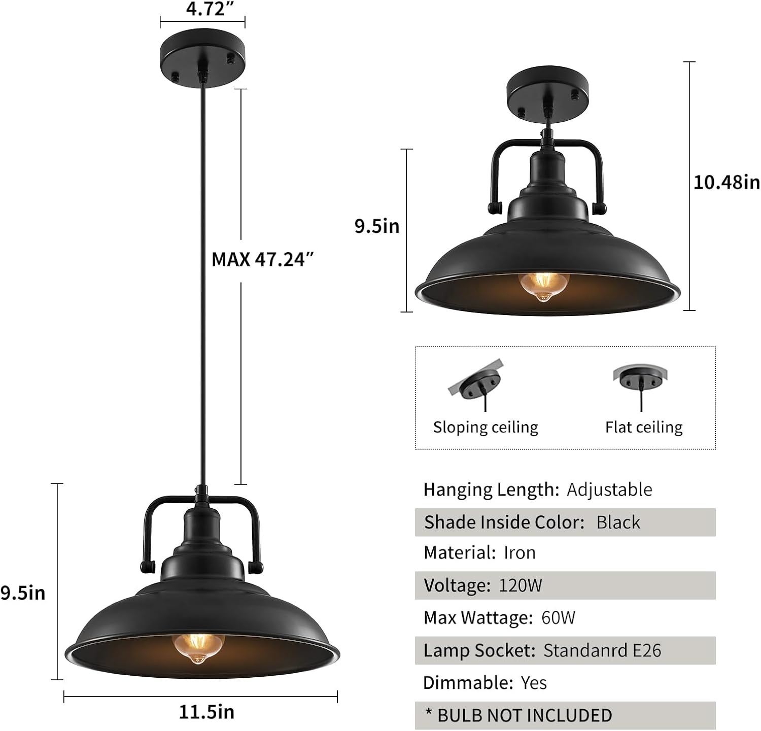 Black Pendant Light 12.5 inches 3 Packs, Farmhouse Pendant Light, Industrial Pendant Lighting, Kitchen Pendant Lights, Pendant Lights Kitchen Island for Dinning Room Entryway Barn