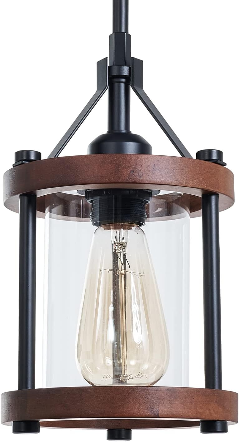 Farmhouse Pendant Light, Rustic Walnut Wood Metal Cage Hanging Light Fixtures with Glass, Adjustable for Flat and Slop Ceiling, Pendant Lighting for Kitchen Island Foyer Hallway,2-Pack