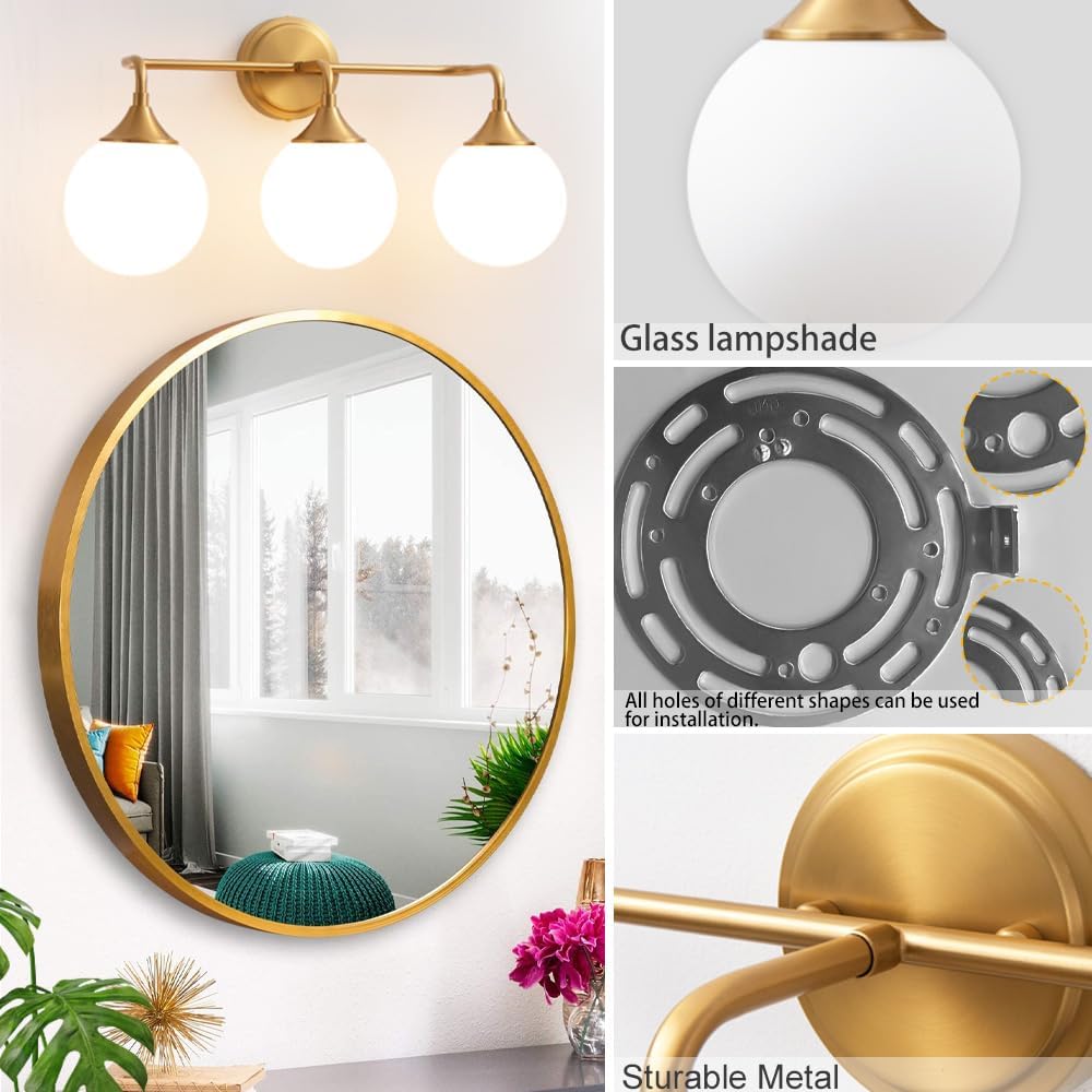 Gold Bathroom Light Fixtures, Modern Vanity Lighting Over Mirror, Mid Century Brushed Brass Wall Sconce 3-Light with Milky White Glass Ball Shades