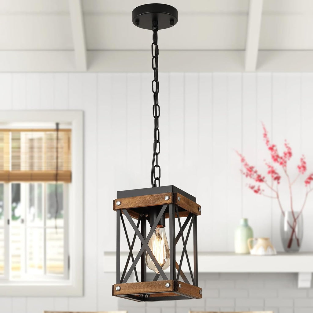2 Pack Rustic Farmhouse Wood Pendant Light Fixture One-Light Adjustable Chain Oak Wood and Metal Lantern Cage Small Pendant Lighting for Kitchen Island Sink Hallway Farmhouse Bathroom Bar, Black