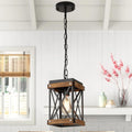 2 Pack Rustic Farmhouse Wood Pendant Light Fixture One-Light Adjustable Chain Oak Wood and Metal Lantern Cage Small Pendant Lighting for Kitchen Island Sink Hallway Farmhouse Bathroom Bar, Black