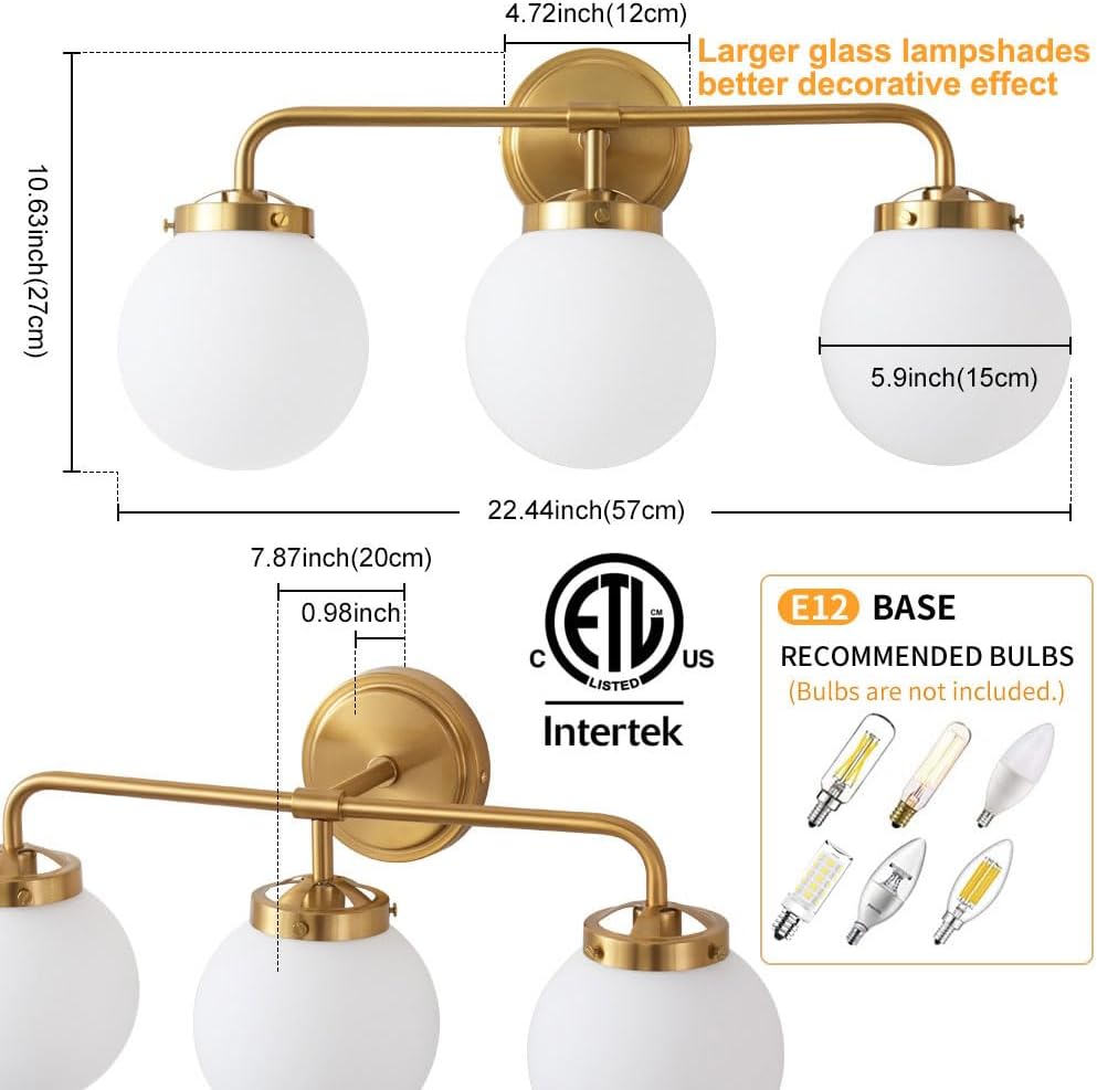 Gold Bathroom Vanity Light Fixtures Over Mirror, Modern Brass 3 Lights Wall Sconce with Milky Glass Ball Shade, Mid Century Farmhouse Vanity Lighting