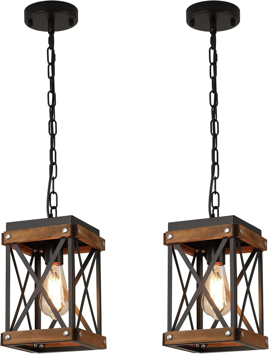 2 Pack Rustic Farmhouse Wood Pendant Light Fixture One-Light Adjustable Chain Oak Wood and Metal Lantern Cage Small Pendant Lighting for Kitchen Island Sink Hallway Farmhouse Bathroom Bar, Black