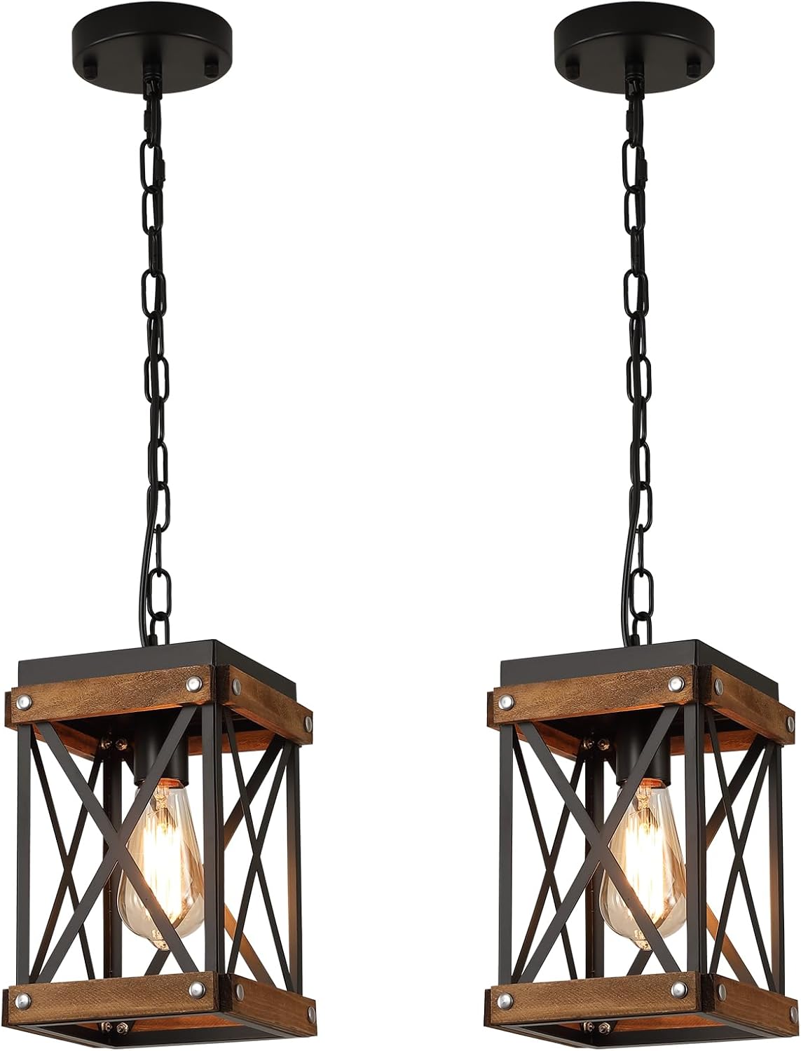 2 Pack Rustic Farmhouse Wood Pendant Light Fixture One-Light Adjustable Chain Oak Wood and Metal Lantern Cage Small Pendant Lighting for Kitchen Island Sink Hallway Farmhouse Bathroom Bar, Black