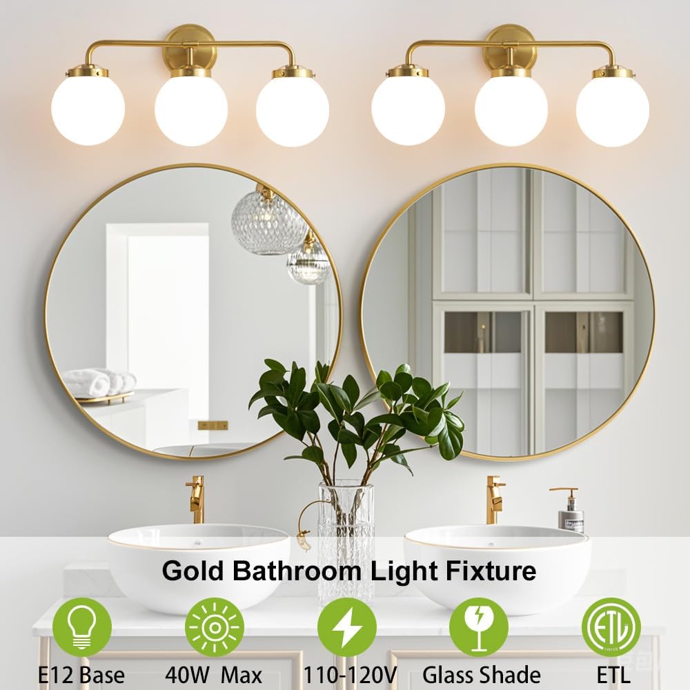 Gold Bathroom Vanity Light Fixtures Over Mirror, Modern Brass 3 Lights Wall Sconce with Milky Glass Ball Shade, Mid Century Farmhouse Vanity Lighting