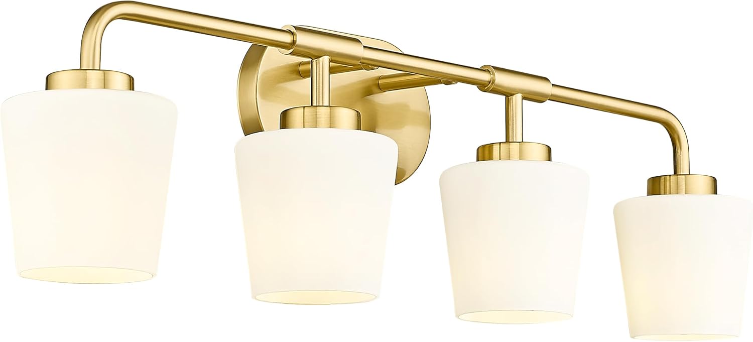 Brushed Gold Bathroom Vanity Light, Farmhouse Brass Sconces Wall Lighting with Milk White Glass, 3-Light Bathroom Light Fixture Over Mirror, AD-22004-3W-GD