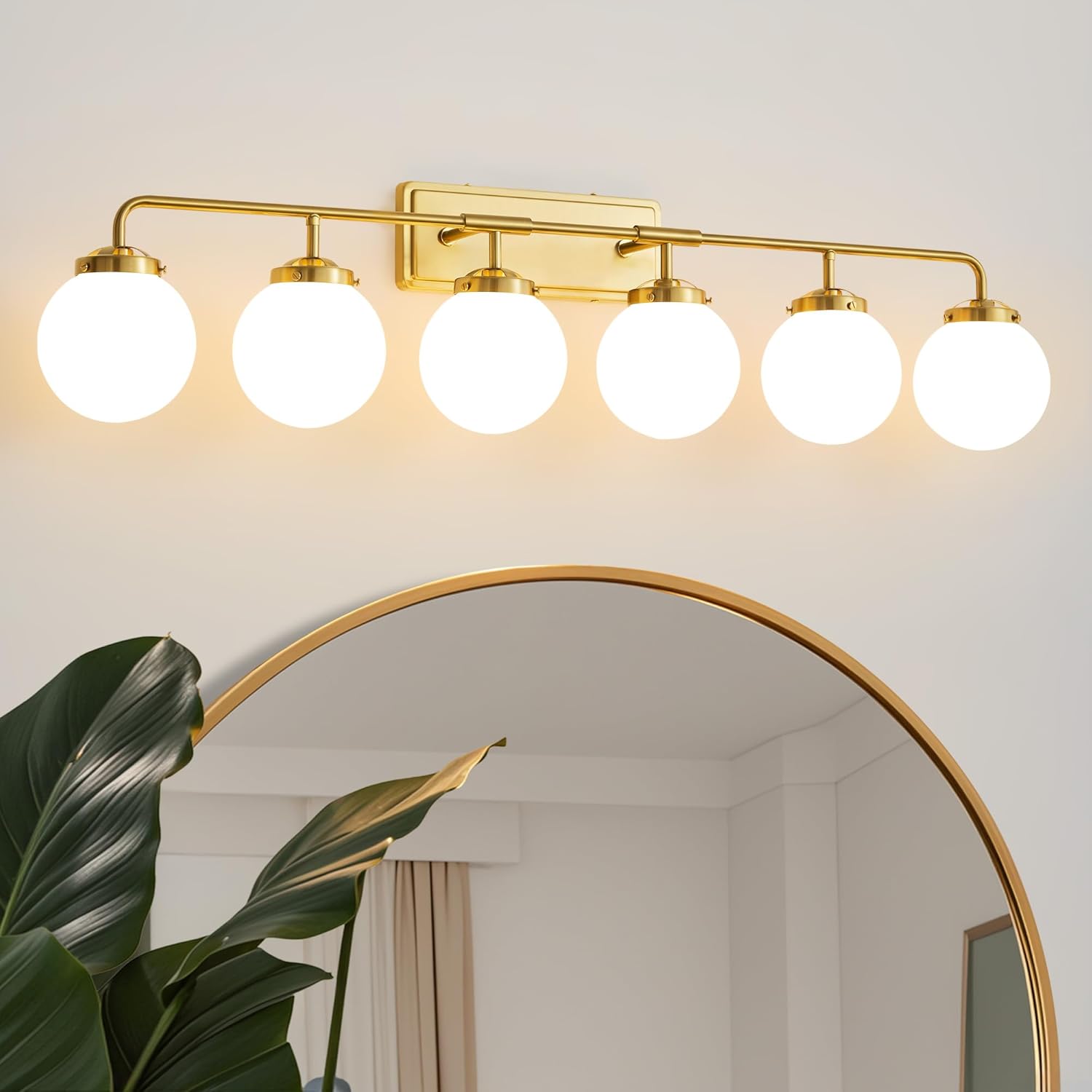 Gold Bathroom Vanity Light Fixtures Over Mirror, Modern Brass 3 Lights Wall Sconce with Milky Glass Ball Shade, Mid Century Farmhouse Vanity Lighting