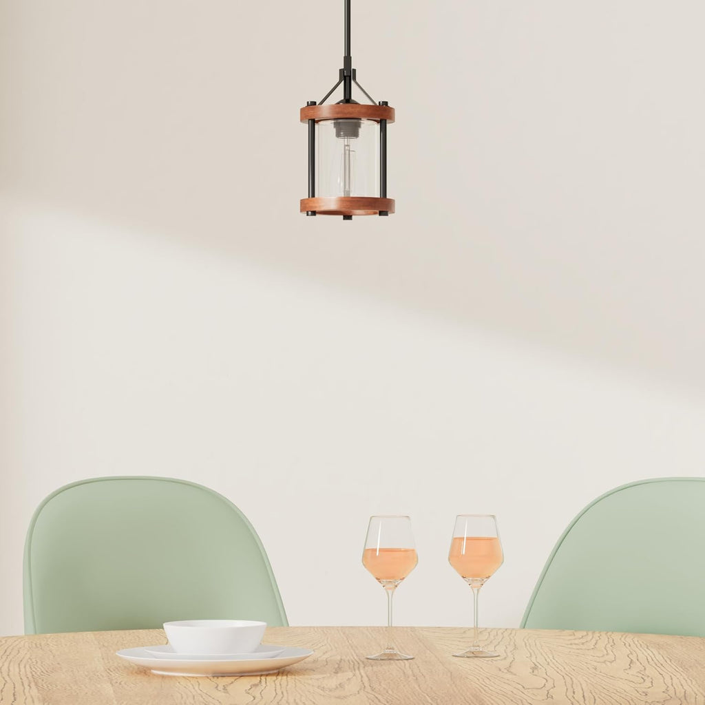 Farmhouse Pendant Light, Rustic Walnut Wood Metal Cage Hanging Light Fixtures with Glass, Adjustable for Flat and Slop Ceiling, Pendant Lighting for Kitchen Island Foyer Hallway,2-Pack