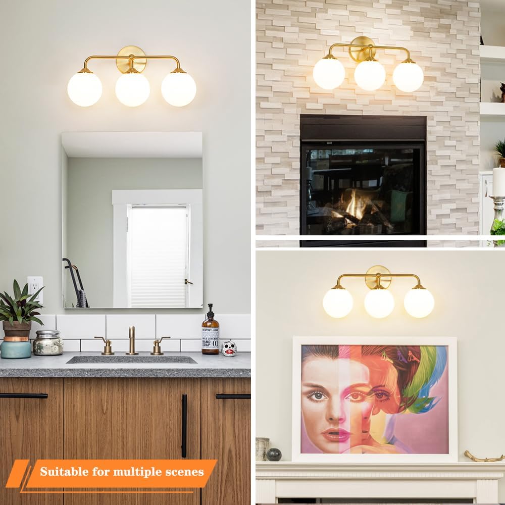 Modern Brushed Gold 3-Lights Vanity Light Fixtures with Milky White Glass Ball Shades, Mid Century Brass Wall Sconce Lighting Fixtures over Mirror, Wall Sconces for Bathroom Dressing Table Bedroom