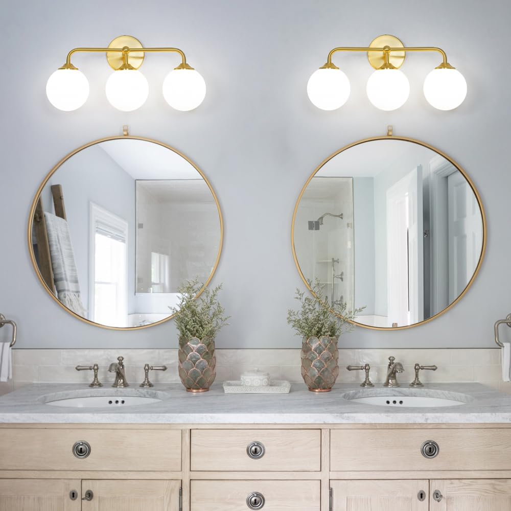 Modern Brushed Gold 3-Lights Vanity Light Fixtures with Milky White Glass Ball Shades, Mid Century Brass Wall Sconce Lighting Fixtures over Mirror, Wall Sconces for Bathroom Dressing Table Bedroom