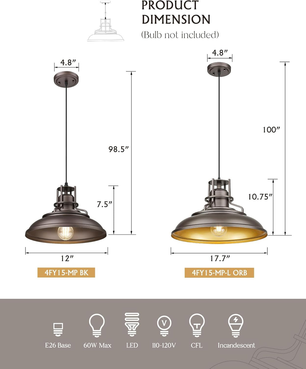 FEMILA Industrial Pendant Lights Fixture,2 Pack Farmhouse Hanging Lights for Kitchen Island,12" Oil Rubbed Bronze Finish, 4FY15-MP-2PK ORB