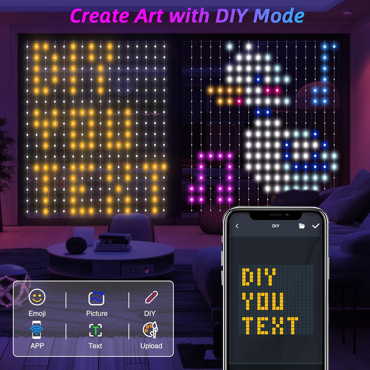 Curtain Lights,Smart LED Color Changing Wall Lights with APP&Remote,Dynamic DIY String Lights for Halloween Christmas,Kids Bedroom Living Room Decor,IP65 Waterproof,5.25x5.25ft