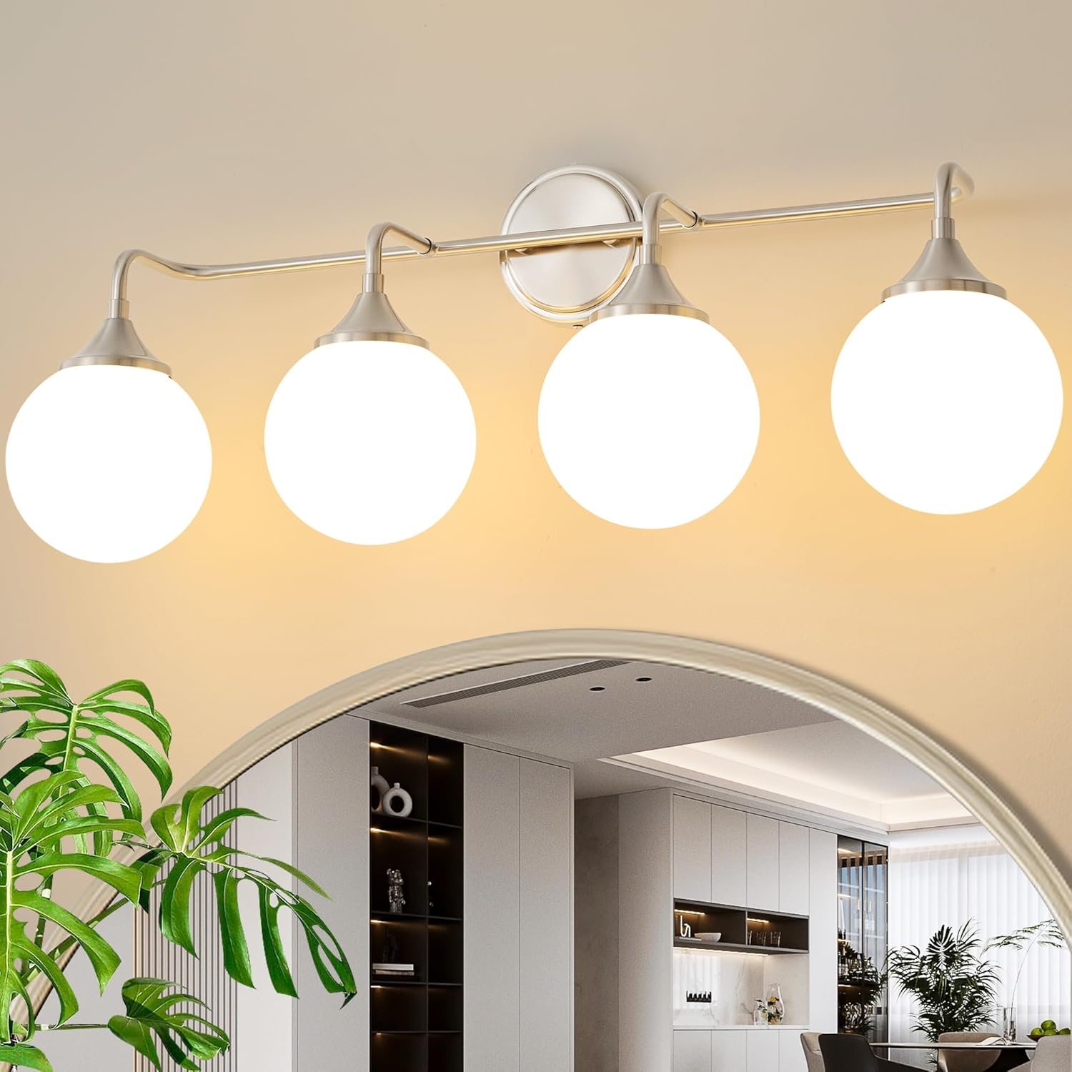 Gold Bathroom Light Fixtures, Modern Vanity Lighting Over Mirror, Mid Century Brushed Brass Wall Sconce 3-Light with Milky White Glass Ball Shades