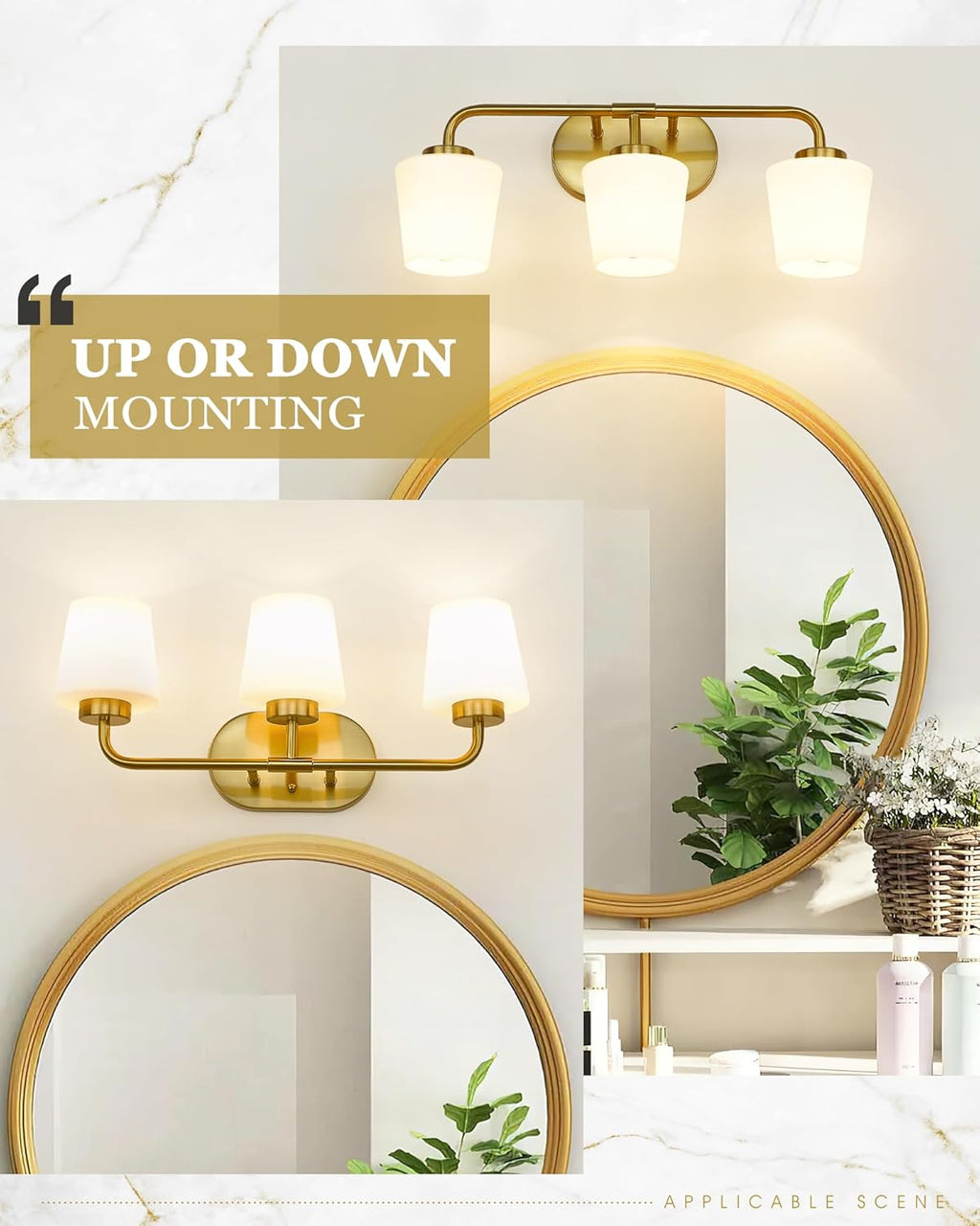 Brushed Gold Bathroom Vanity Light, Farmhouse Brass Sconces Wall Lighting with Milk White Glass, 3-Light Bathroom Light Fixture Over Mirror, AD-22004-3W-GD
