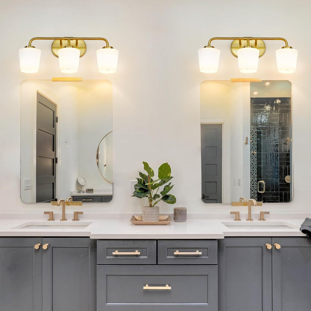 Brushed Gold Bathroom Vanity Light, Farmhouse Brass Sconces Wall Lighting with Milk White Glass, 3-Light Bathroom Light Fixture Over Mirror, AD-22004-3W-GD