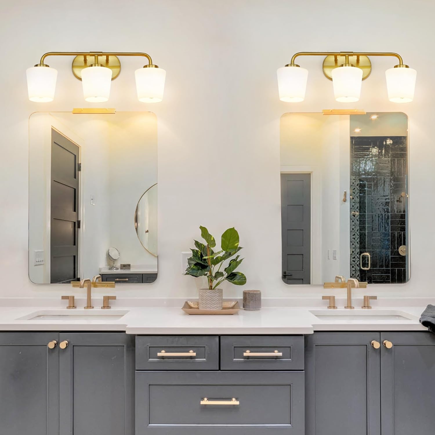 Brushed Gold Bathroom Vanity Light, Farmhouse Brass Sconces Wall Lighting with Milk White Glass, 3-Light Bathroom Light Fixture Over Mirror, AD-22004-3W-GD