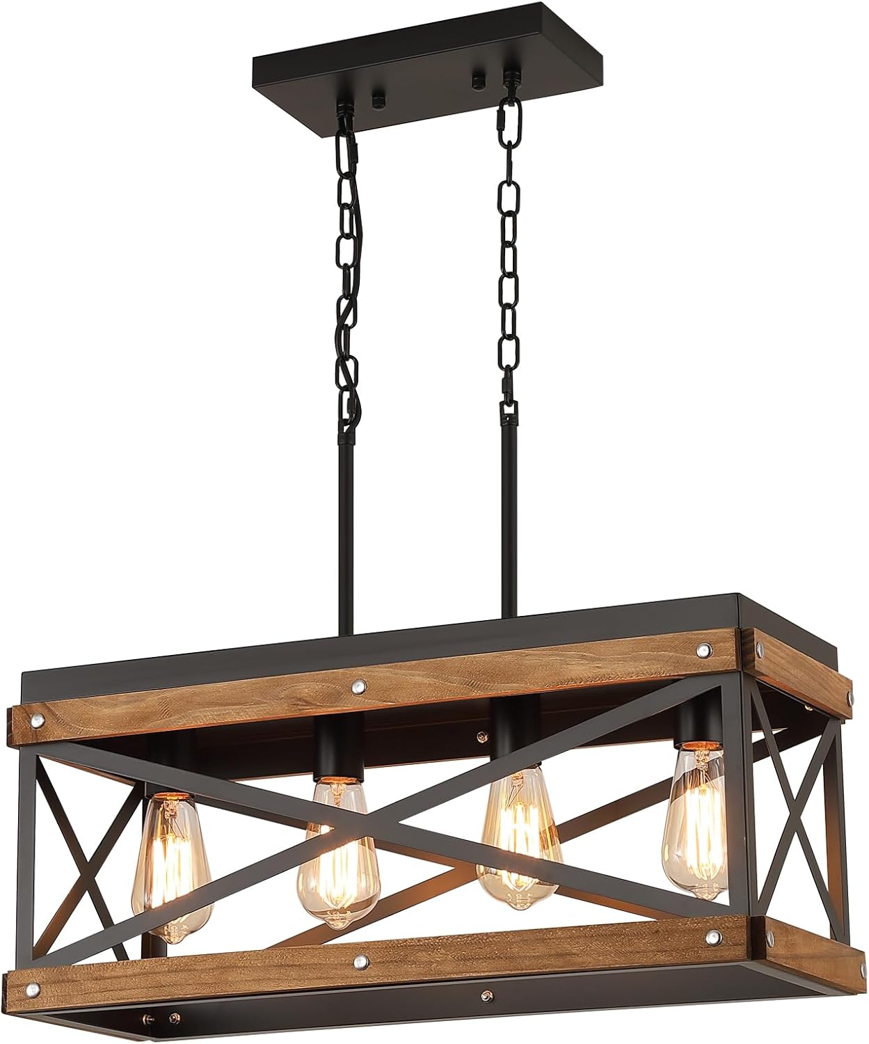 2 Pack Rustic Farmhouse Wood Pendant Light Fixture One-Light Adjustable Chain Oak Wood and Metal Lantern Cage Small Pendant Lighting for Kitchen Island Sink Hallway Farmhouse Bathroom Bar, Black