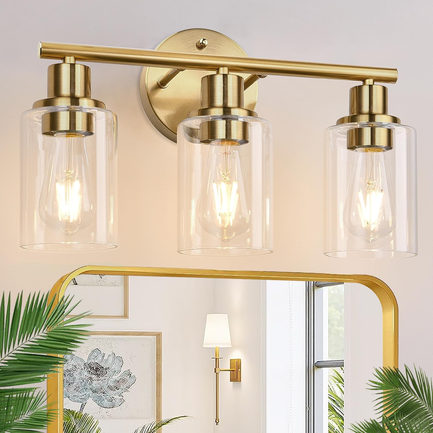 3-Light Bathroom Light Fixtures, Brushed Brass Bathroom Wall Lights with Clear Glass Shade, Modern Bathroom Wall Lamp for Mirror Kitchen Living Room Hallway Cabinet