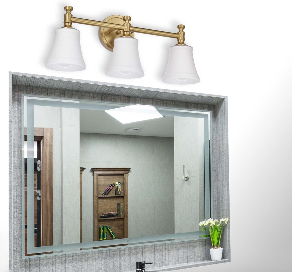 Bathroom Vanity Light Fixtures, Traditional Aged Brass 3 Lights Wall Sconce Lighting with Opal Glass Shade, Porch Wall Mount Light Fixture for Bathroom, Mirror Cabinets Hallway Stairs