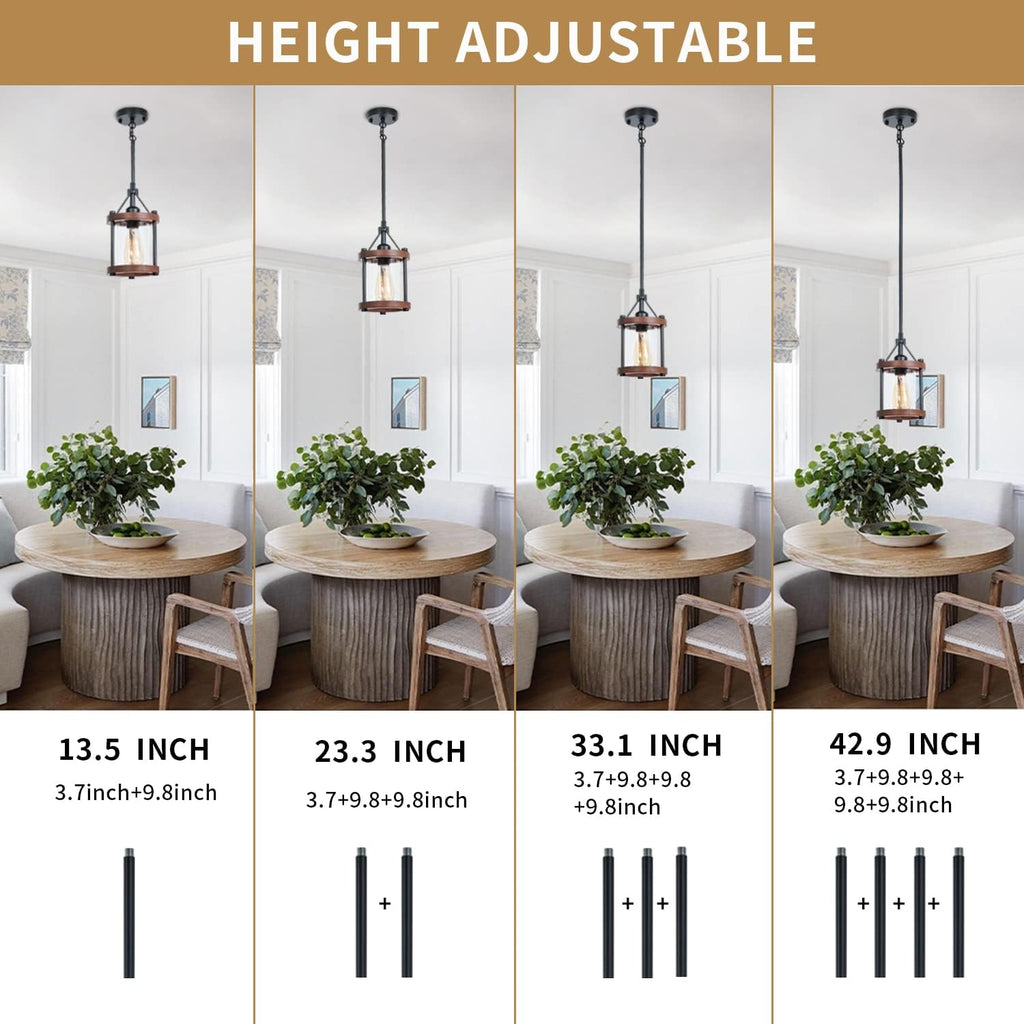 Farmhouse Pendant Light, Rustic Walnut Wood Metal Cage Hanging Light Fixtures with Glass, Adjustable for Flat and Slop Ceiling, Pendant Lighting for Kitchen Island Foyer Hallway,2-Pack