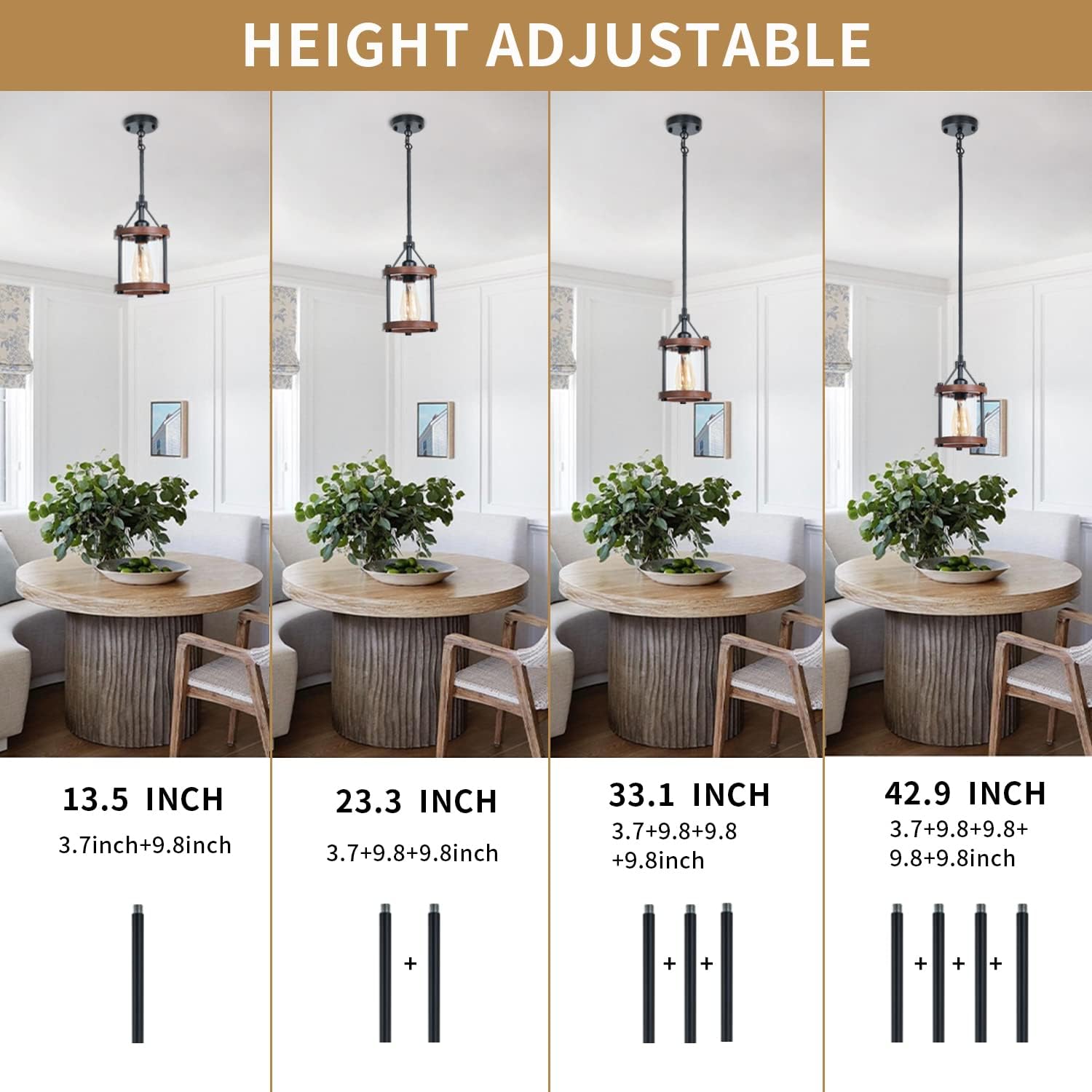 Farmhouse Pendant Light, Rustic Walnut Wood Metal Cage Hanging Light Fixtures with Glass, Adjustable for Flat and Slop Ceiling, Pendant Lighting for Kitchen Island Foyer Hallway,2-Pack