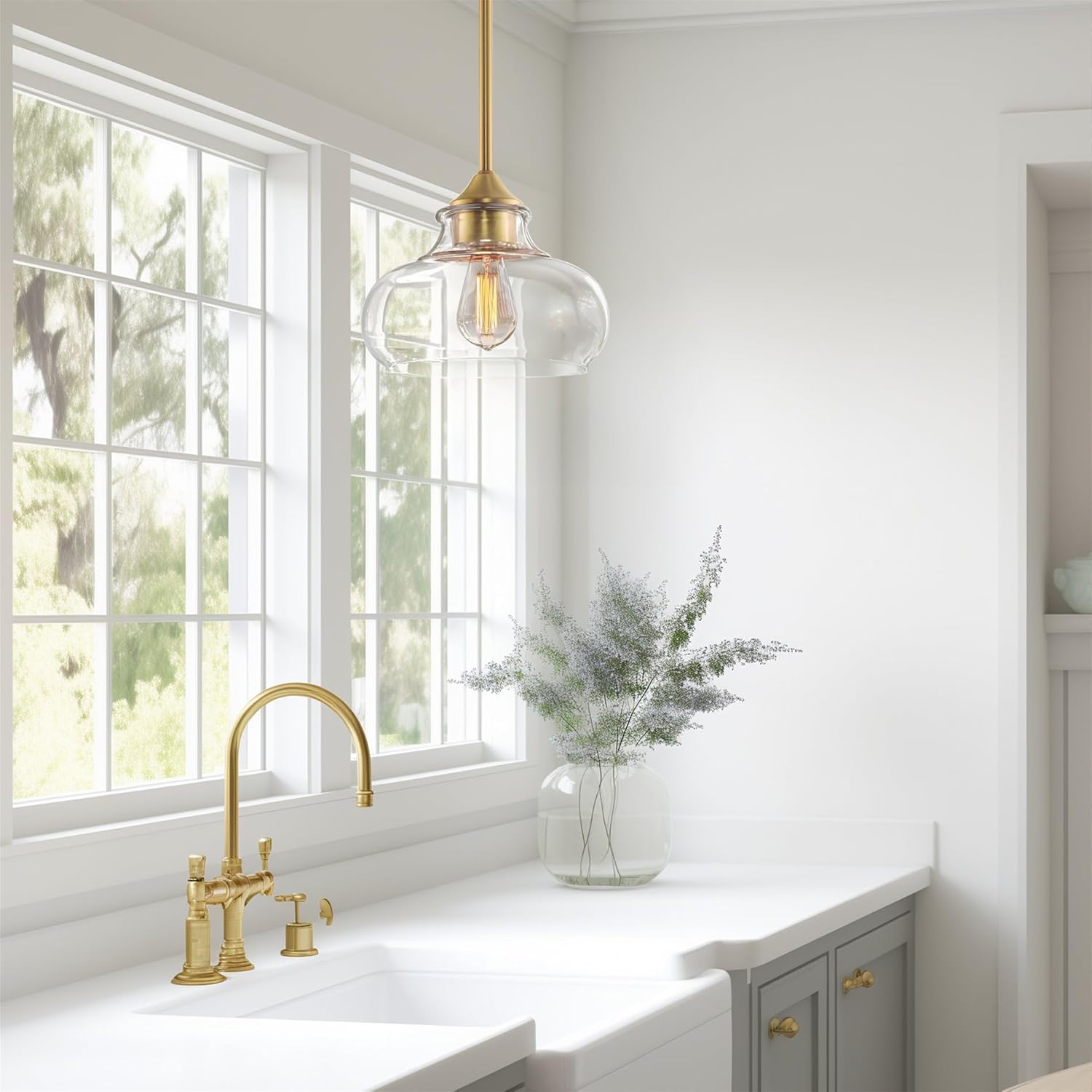 Kira Home Harlow 9" Modern Industrial Farmhouse/Schoolhouse/Rustic Pendant Light with Clear Glass Shade, Adjustable Hanging Height, Warm Brass Finish