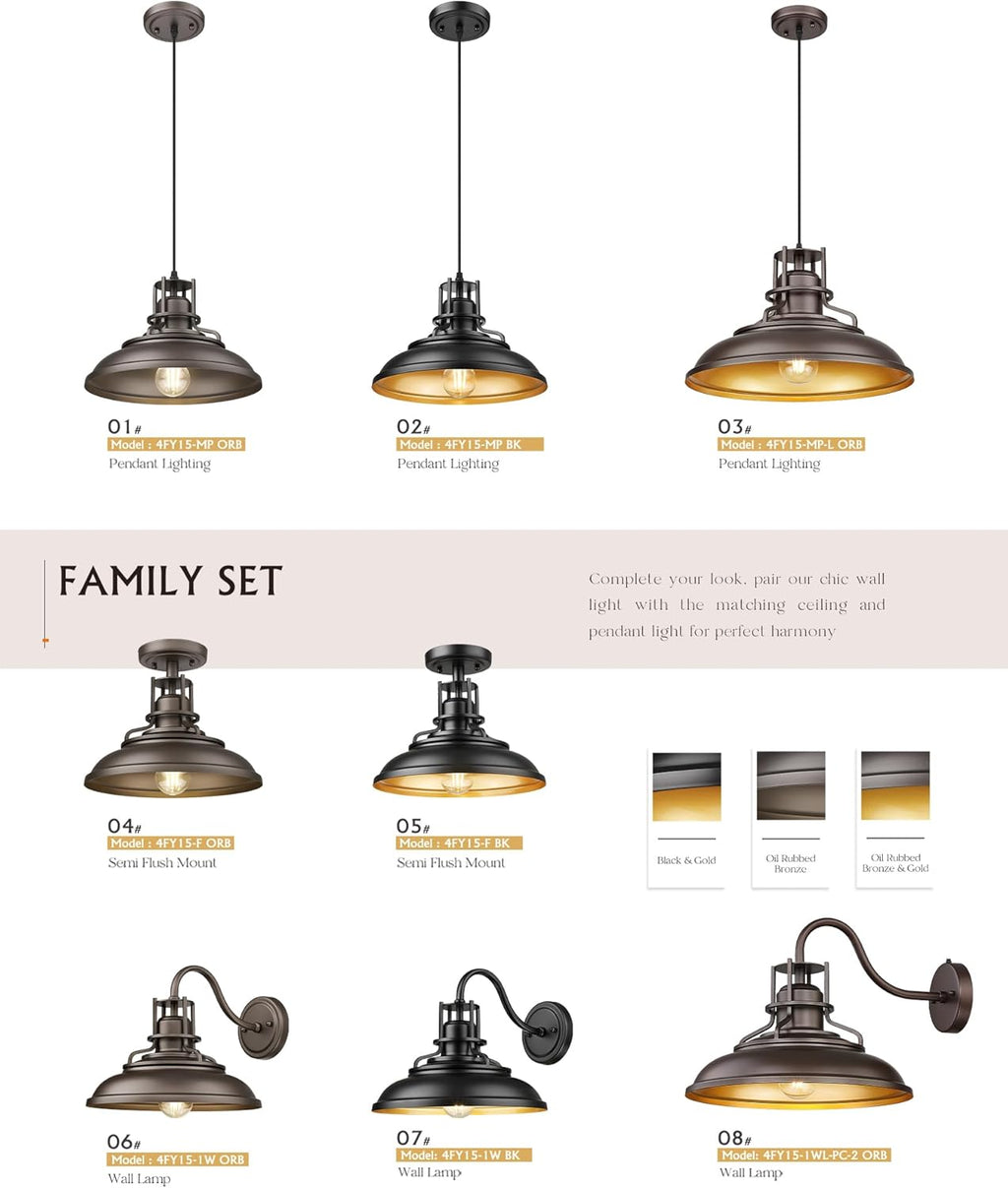 FEMILA Industrial Pendant Lights Fixture,2 Pack Farmhouse Hanging Lights for Kitchen Island,12" Oil Rubbed Bronze Finish, 4FY15-MP-2PK ORB