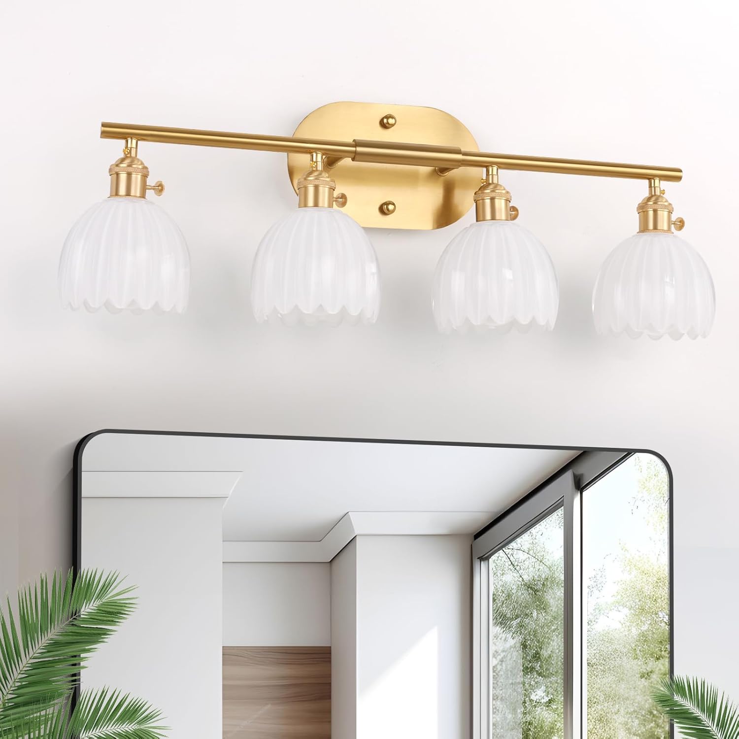 Bathroom Light Fixtures, 3-Light Brass Vanity Wall Light Over Mirror with White Tulip Glass Shade for Bedroom Living Room (Bulb Not Included)