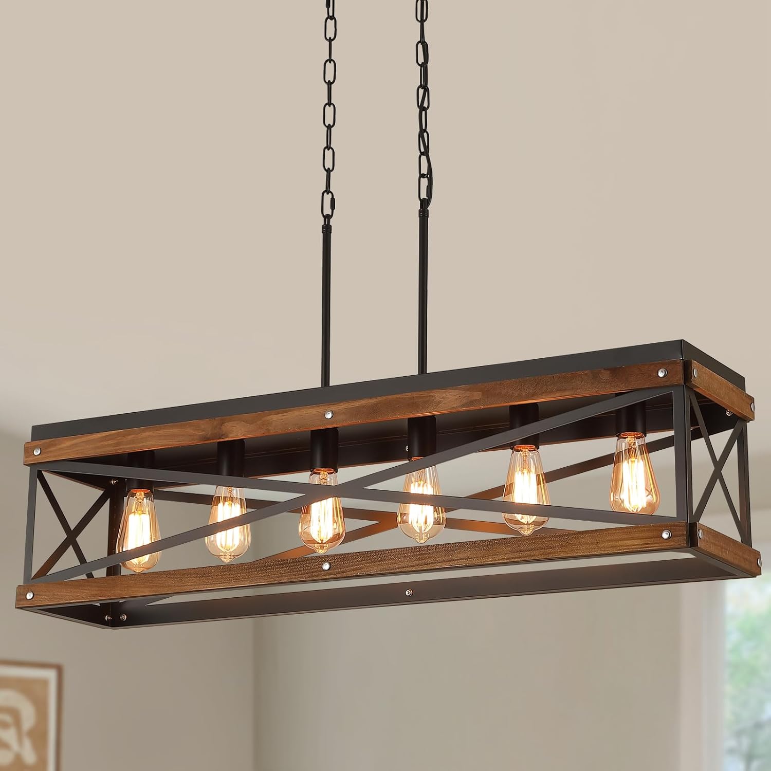 2 Pack Rustic Farmhouse Wood Pendant Light Fixture One-Light Adjustable Chain Oak Wood and Metal Lantern Cage Small Pendant Lighting for Kitchen Island Sink Hallway Farmhouse Bathroom Bar, Black