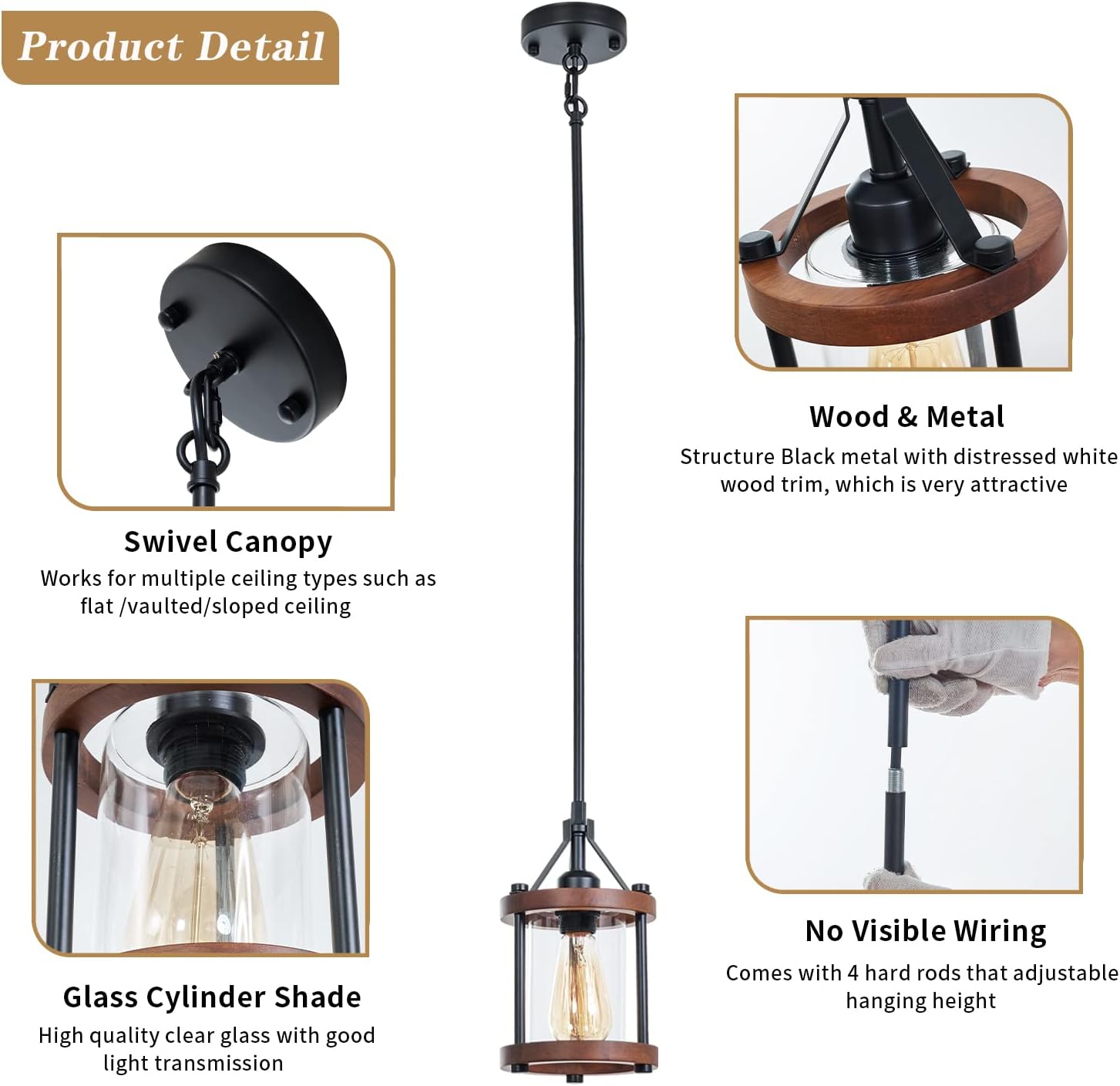 Farmhouse Pendant Light, Rustic Walnut Wood Metal Cage Hanging Light Fixtures with Glass, Adjustable for Flat and Slop Ceiling, Pendant Lighting for Kitchen Island Foyer Hallway,2-Pack