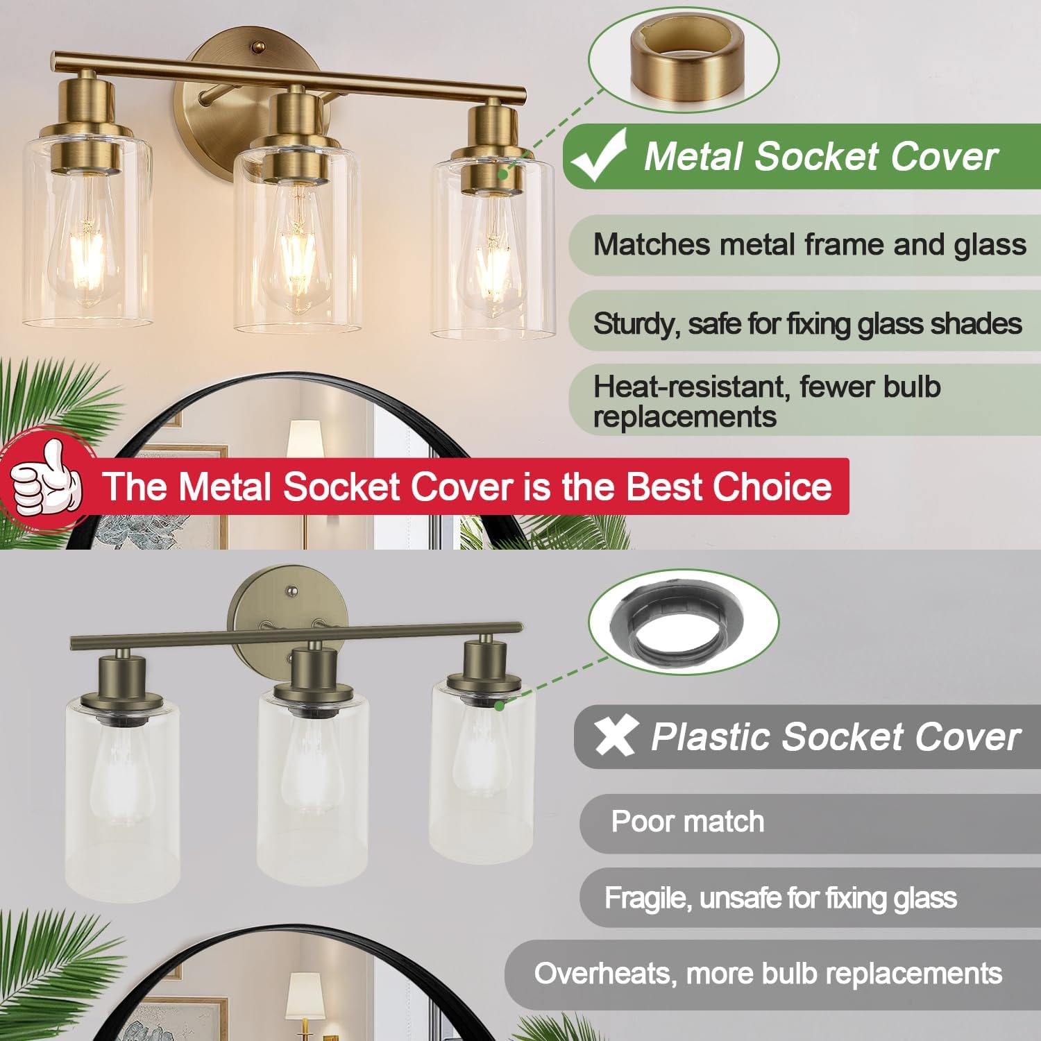 3-Light Bathroom Light Fixtures, Brushed Brass Bathroom Wall Lights with Clear Glass Shade, Modern Bathroom Wall Lamp for Mirror Kitchen Living Room Hallway Cabinet