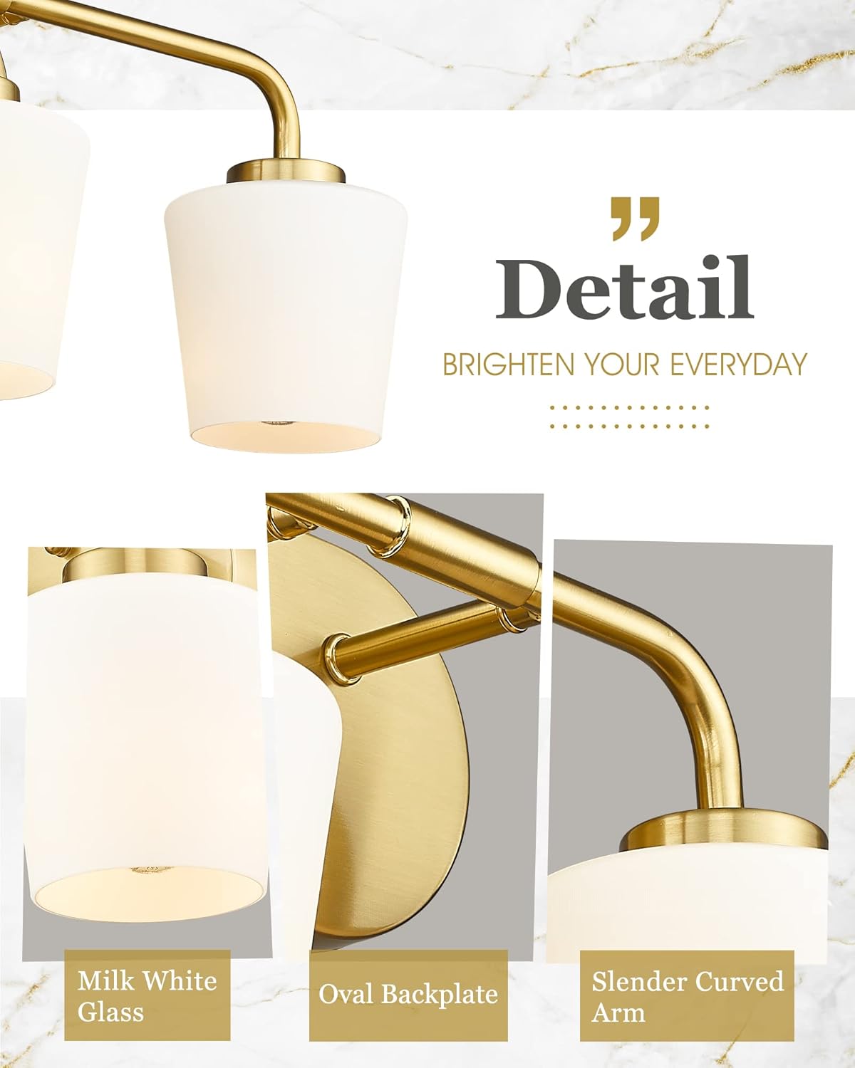 Brushed Gold Bathroom Vanity Light, Farmhouse Brass Sconces Wall Lighting with Milk White Glass, 3-Light Bathroom Light Fixture Over Mirror, AD-22004-3W-GD