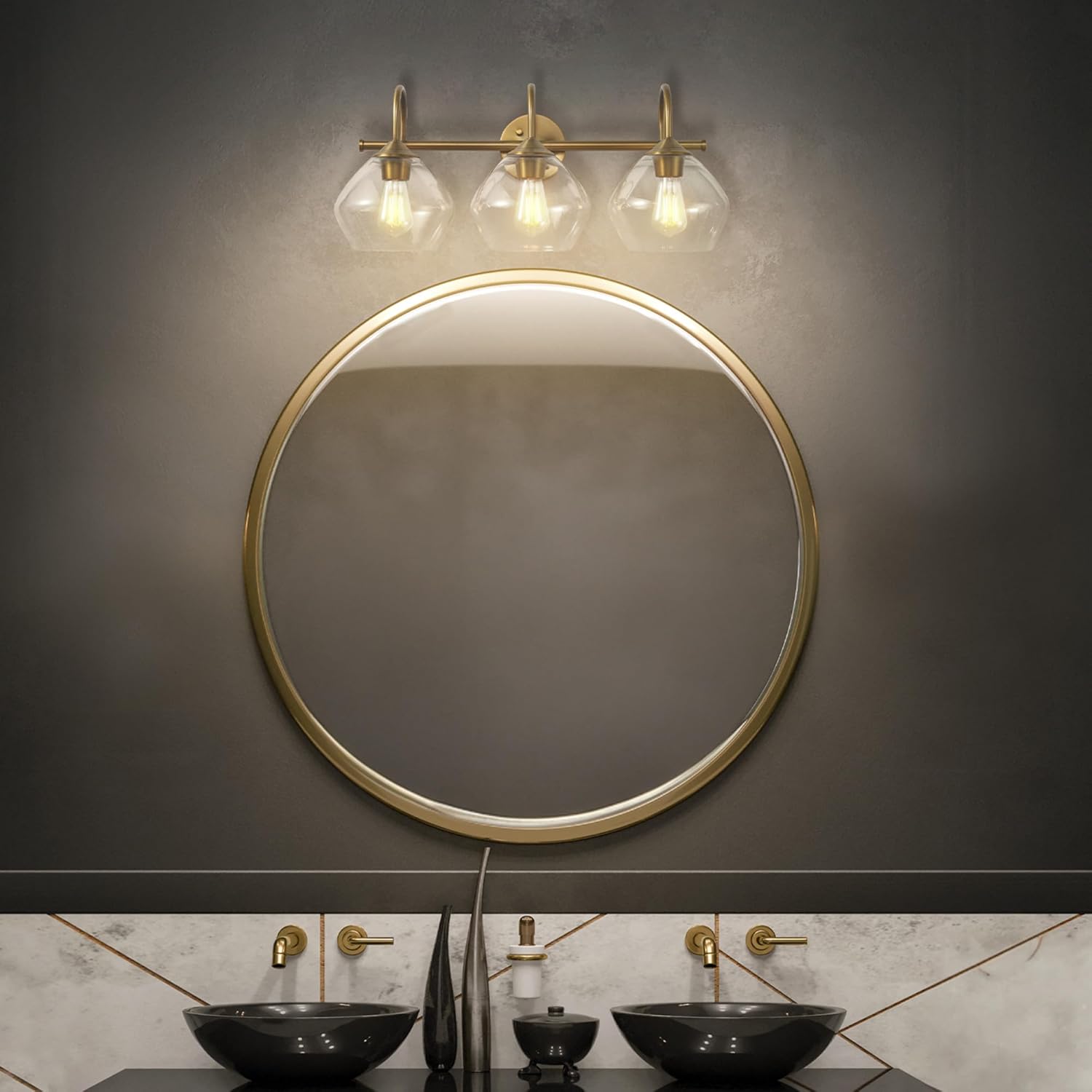 GLOBE Electric 63000103 26" 3-Light Vanity Fixture, Brass Finish, Clear Glass Shades, Beauty Room Accessories, Bathroom Lighting Over Mirror, Makeup Lights, Wall Light, Home Essentials, House Décor