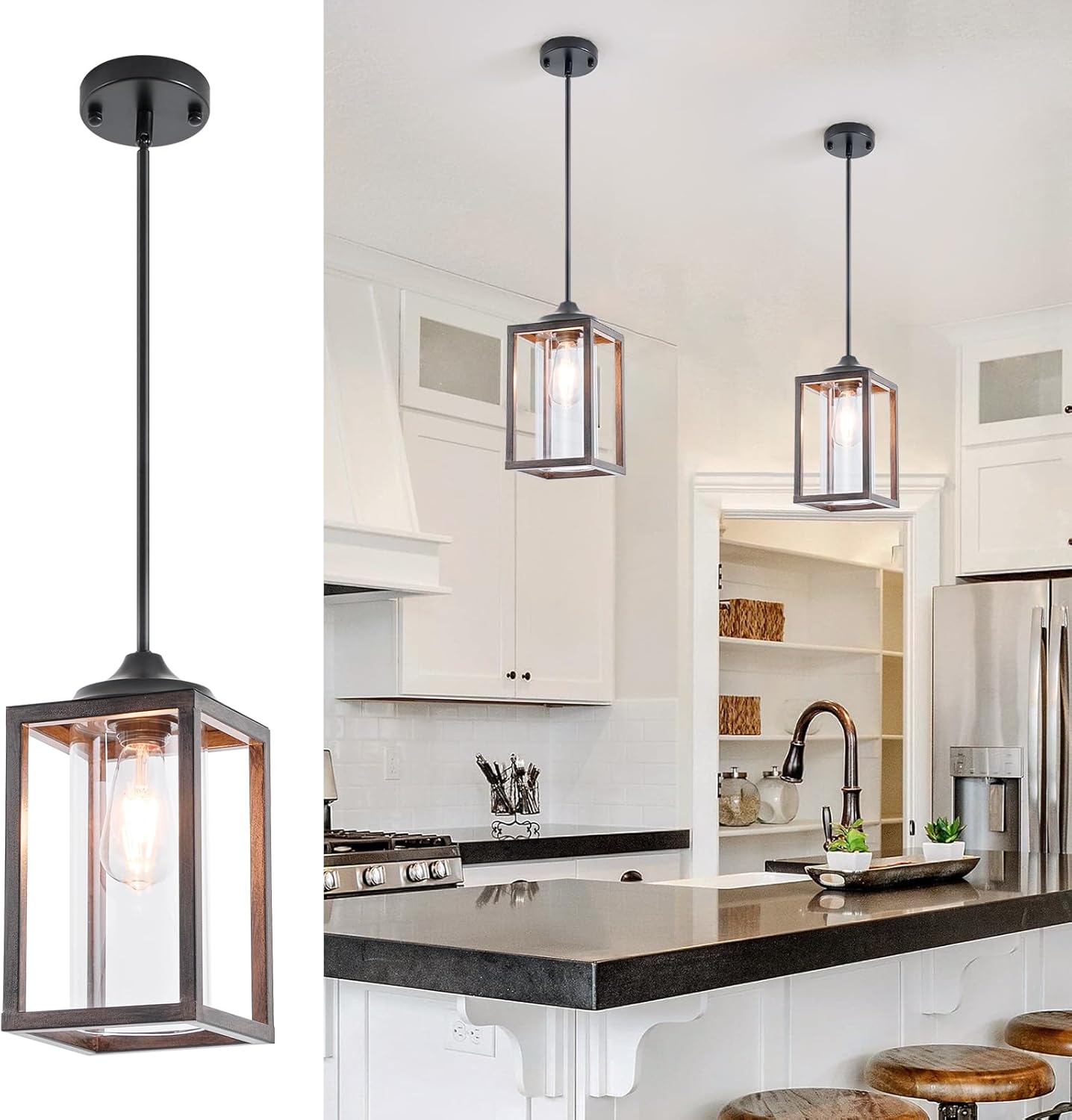 Farmhouse Pendant Light, Rustic Walnut Wood Metal Cage Hanging Light Fixtures with Glass, Adjustable for Flat and Slop Ceiling, Pendant Lighting for Kitchen Island Foyer Hallway,2-Pack