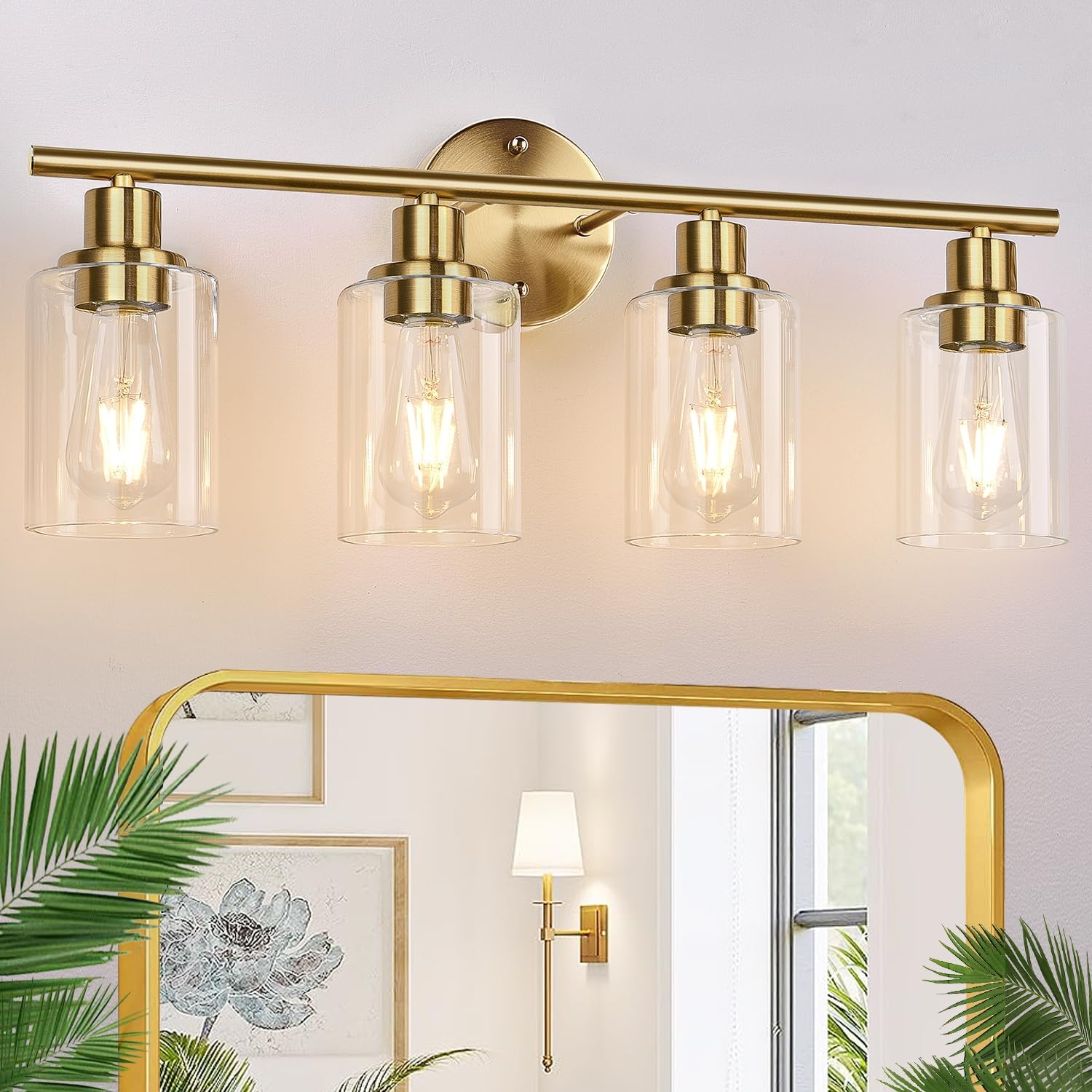 3-Light Bathroom Light Fixtures, Brushed Brass Bathroom Wall Lights with Clear Glass Shade, Modern Bathroom Wall Lamp for Mirror Kitchen Living Room Hallway Cabinet