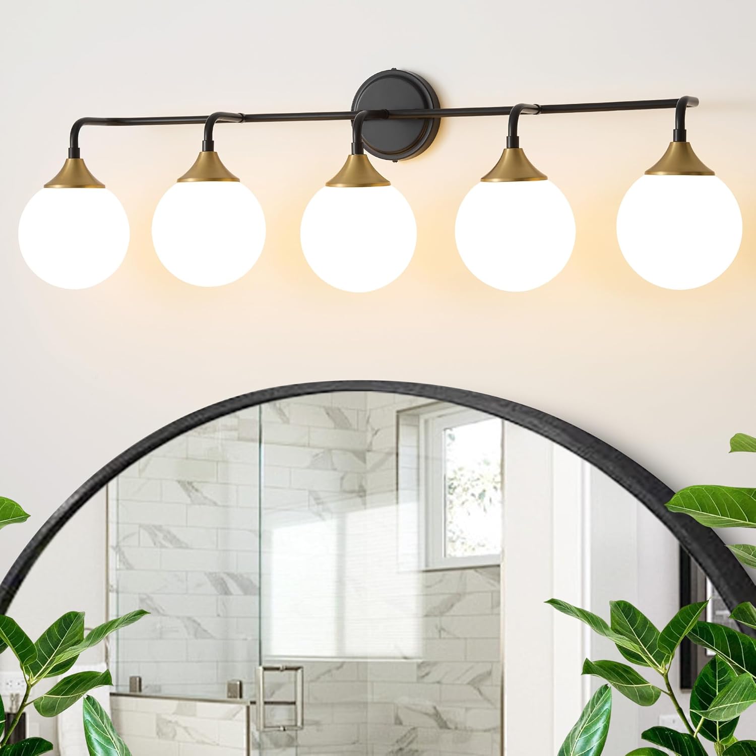 Gold Bathroom Light Fixtures, Modern Vanity Lighting Over Mirror, Mid Century Brushed Brass Wall Sconce 3-Light with Milky White Glass Ball Shades