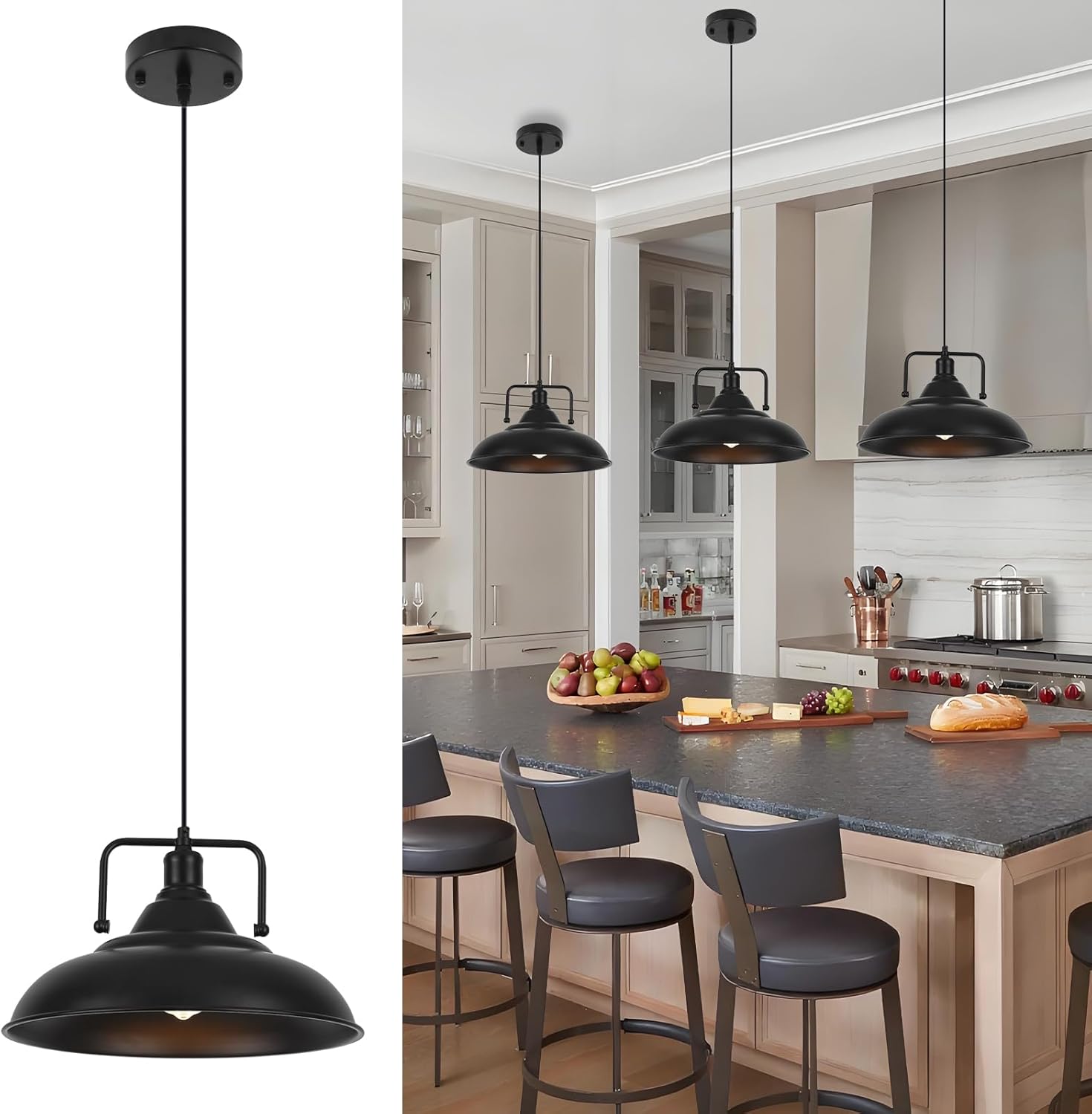 Black Pendant Light 12.5 inches 3 Packs, Farmhouse Pendant Light, Industrial Pendant Lighting, Kitchen Pendant Lights, Pendant Lights Kitchen Island for Dinning Room Entryway Barn