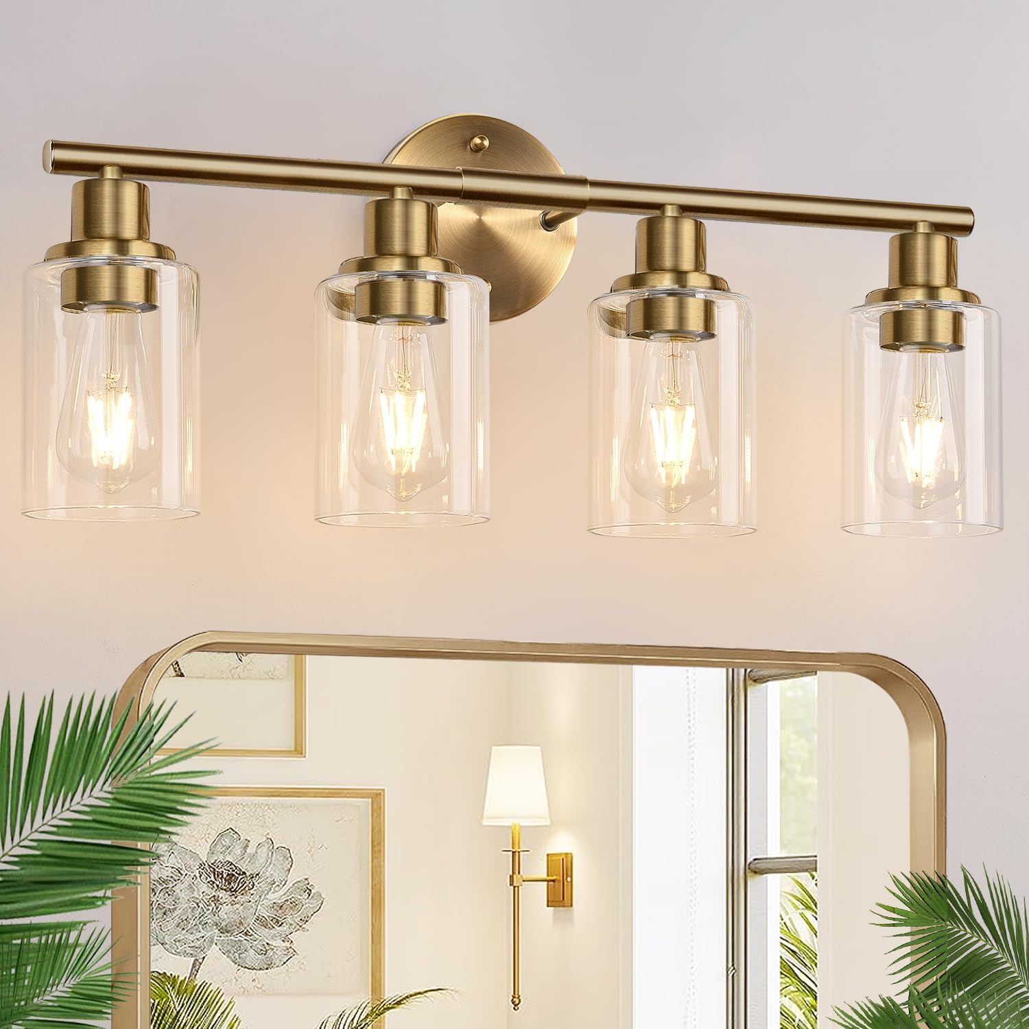 3-Light Bathroom Light Fixtures, Brushed Brass Bathroom Wall Lights with Clear Glass Shade, Modern Bathroom Wall Lamp for Mirror Kitchen Living Room Hallway Cabinet