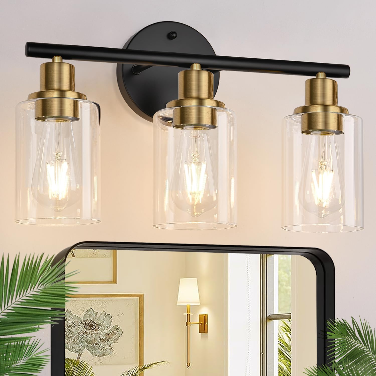 3-Light Bathroom Light Fixtures, Brushed Brass Bathroom Wall Lights with Clear Glass Shade, Modern Bathroom Wall Lamp for Mirror Kitchen Living Room Hallway Cabinet