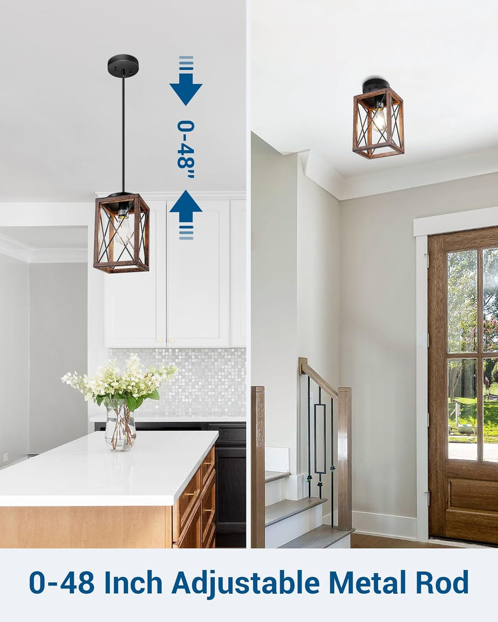 DEWENWILS 2 Pack Farmhouse Pendant Light, Metal Hanging Light Fixture with Wooden Grain Finish, 48 Inch Adjustable Pipes for Flat and Slop Ceiling, Kitchen Island, Bedroom, Dining Hall, ETL Listed