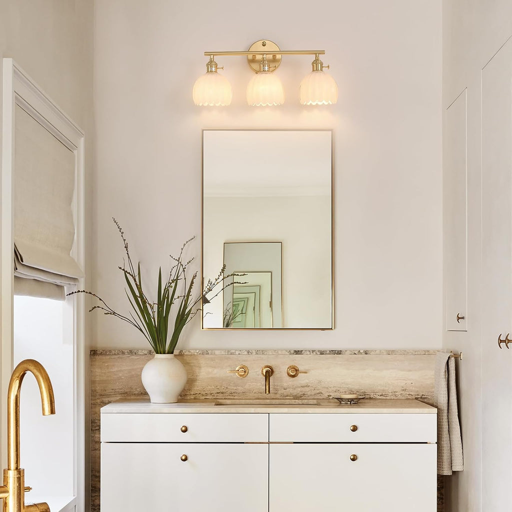 Bathroom Light Fixtures, 3-Light Brass Vanity Wall Light Over Mirror with White Tulip Glass Shade for Bedroom Living Room (Bulb Not Included)