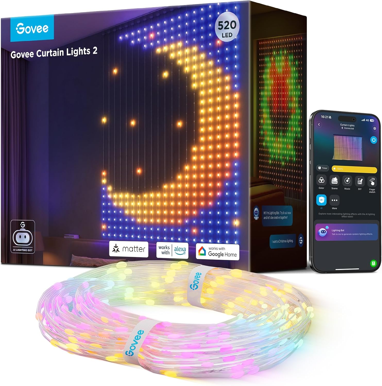 Govee Curtain Lights 2, Smart LED Curtain Light with DIY GIF AIGC, 1560 LEDs, RGBIC Color Changing Holiday Lights for Bedroom Window New Year Dynamic Decor, Outdoor IP65 Waterproof, 14.8×6.6ft