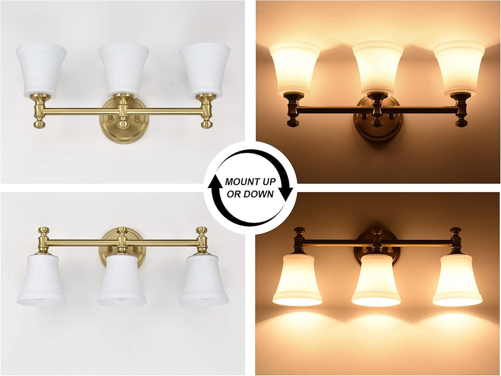 Bathroom Vanity Light Fixtures, Traditional Aged Brass 3 Lights Wall Sconce Lighting with Opal Glass Shade, Porch Wall Mount Light Fixture for Bathroom, Mirror Cabinets Hallway Stairs