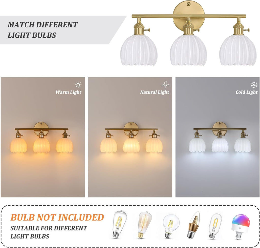 Bathroom Light Fixtures, 3-Light Brass Vanity Wall Light Over Mirror with White Tulip Glass Shade for Bedroom Living Room (Bulb Not Included)