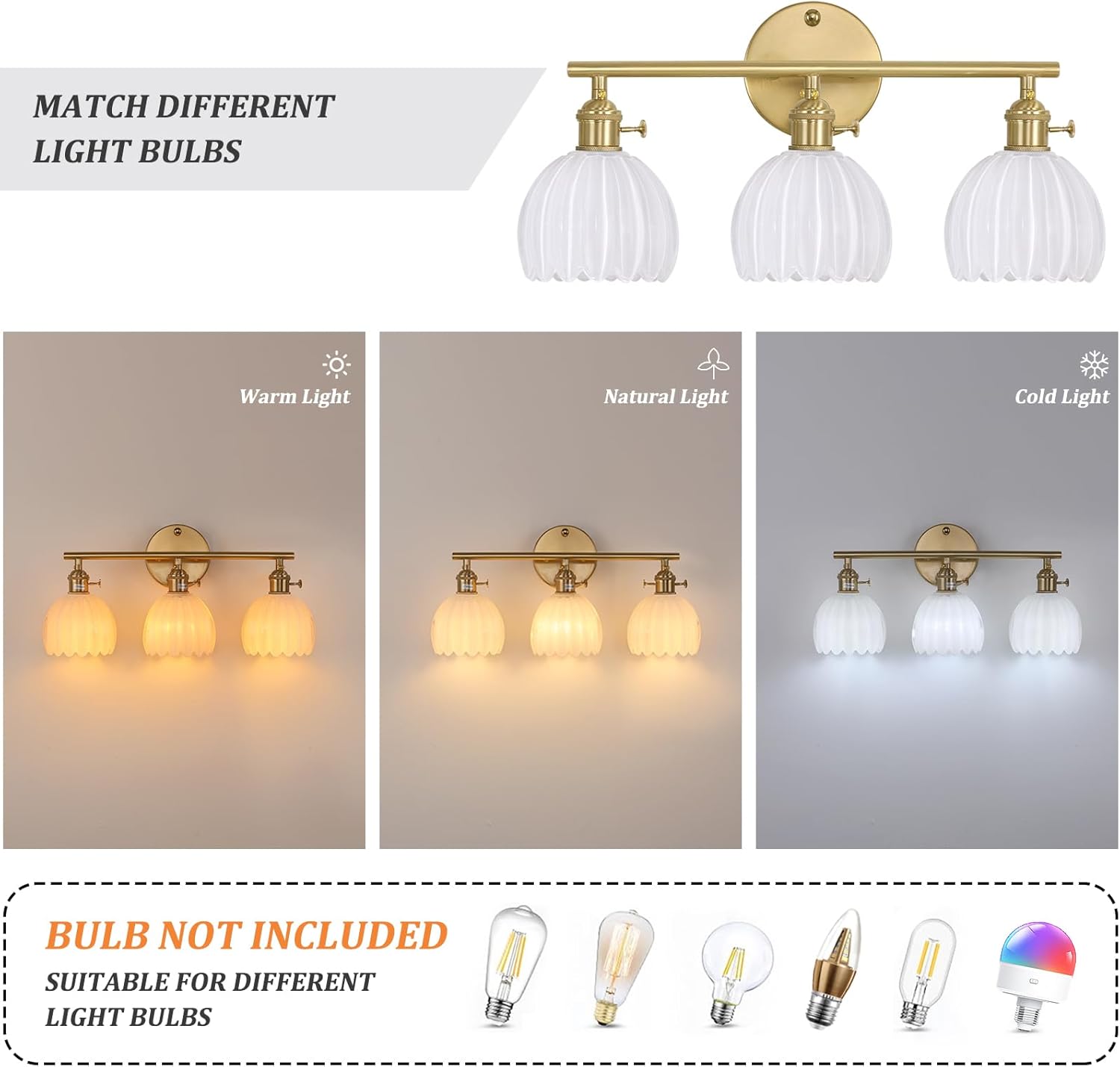 Bathroom Light Fixtures, 3-Light Brass Vanity Wall Light Over Mirror with White Tulip Glass Shade for Bedroom Living Room (Bulb Not Included)