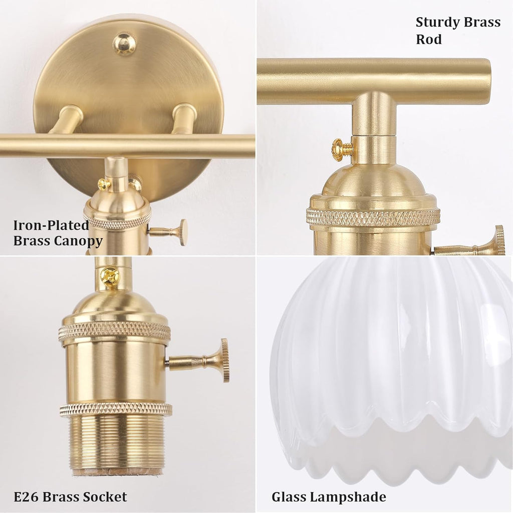 Bathroom Light Fixtures, 3-Light Brass Vanity Wall Light Over Mirror with White Tulip Glass Shade for Bedroom Living Room (Bulb Not Included)