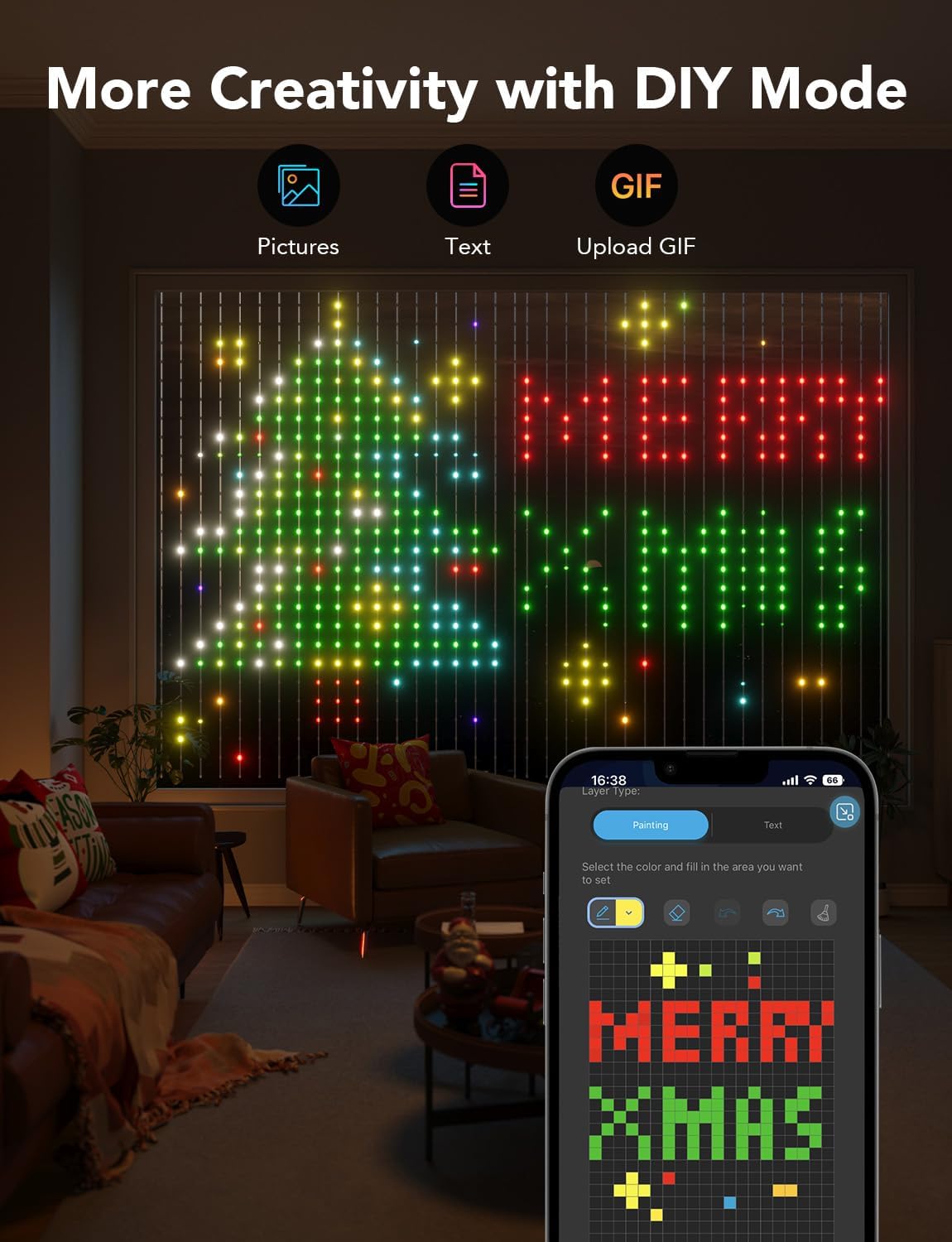 Govee Curtain Lights, Smart LED Color Changing Wall Lights, Dynamic DIY Curtain String Lights for Bedroom Living Room Holiday Decor, Outdoor IP65 Waterproof，4.9x6.6ft, 520 RGBIC LED