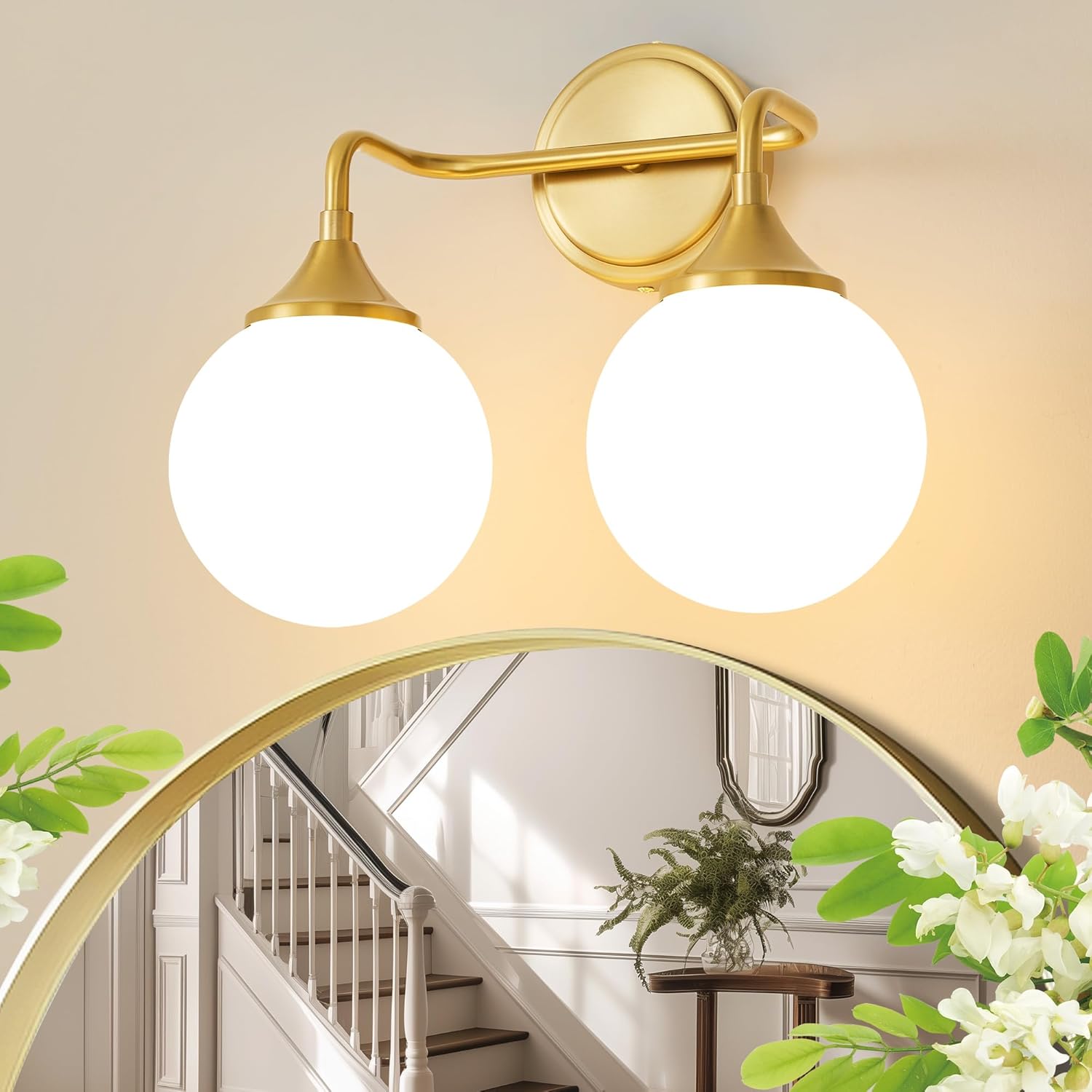 Gold Bathroom Light Fixtures, Modern Vanity Lighting Over Mirror, Mid Century Brushed Brass Wall Sconce 3-Light with Milky White Glass Ball Shades