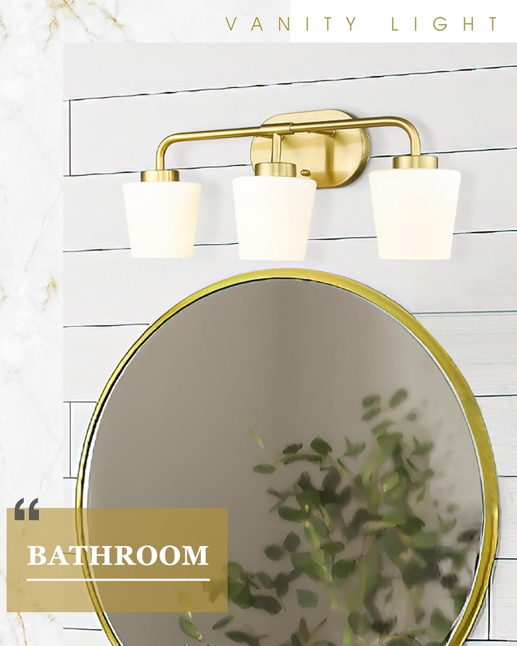 Brushed Gold Bathroom Vanity Light, Farmhouse Brass Sconces Wall Lighting with Milk White Glass, 3-Light Bathroom Light Fixture Over Mirror, AD-22004-3W-GD