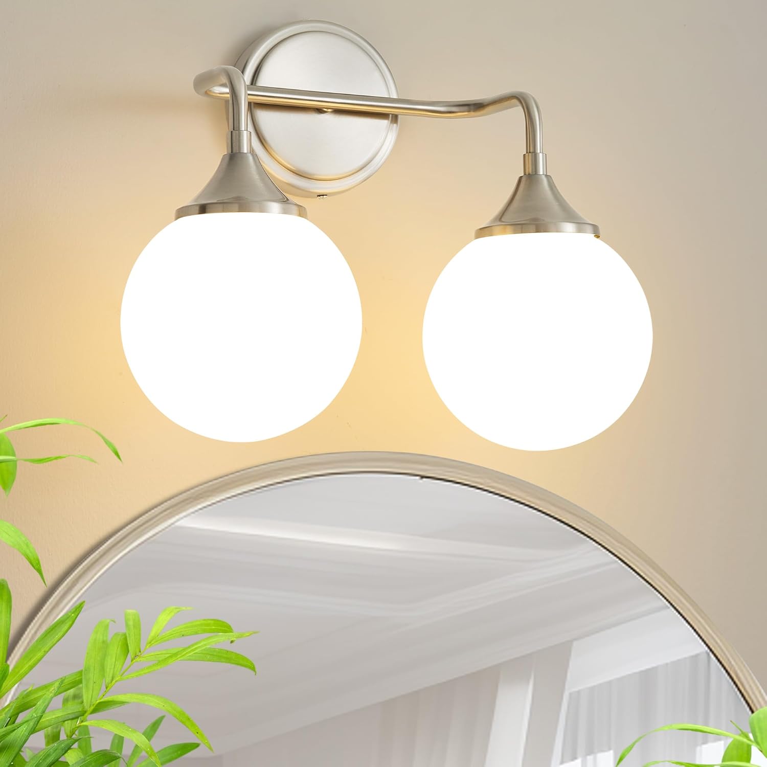 Gold Bathroom Light Fixtures, Modern Vanity Lighting Over Mirror, Mid Century Brushed Brass Wall Sconce 3-Light with Milky White Glass Ball Shades